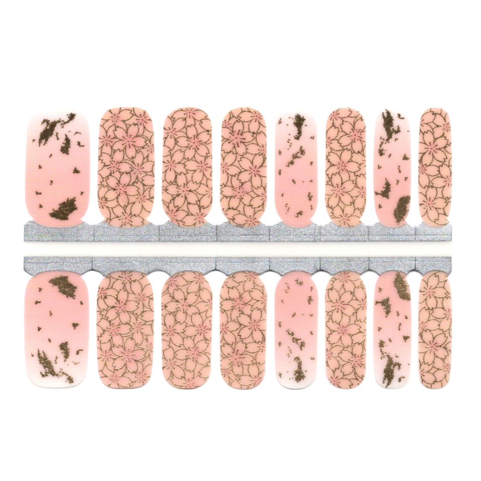White Smoke Pink with Metallic Gold Flower Pattern and Marble Design Semi-Transparent Jelly Nails
