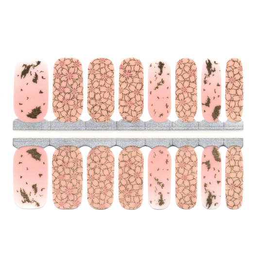 White Smoke Pink with Metallic Gold Flower Pattern and Marble Design Semi-Transparent Jelly Nails