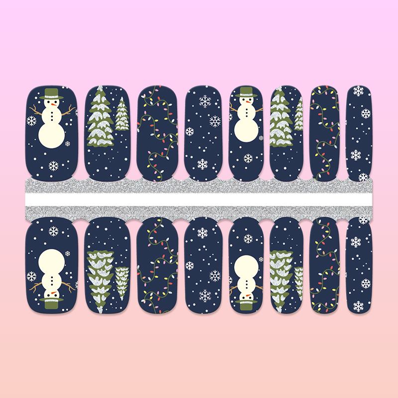 Pink Dark Navy Blue with White Snowman, Christmas Trees in Snow, Christmas Lights, Snowflake