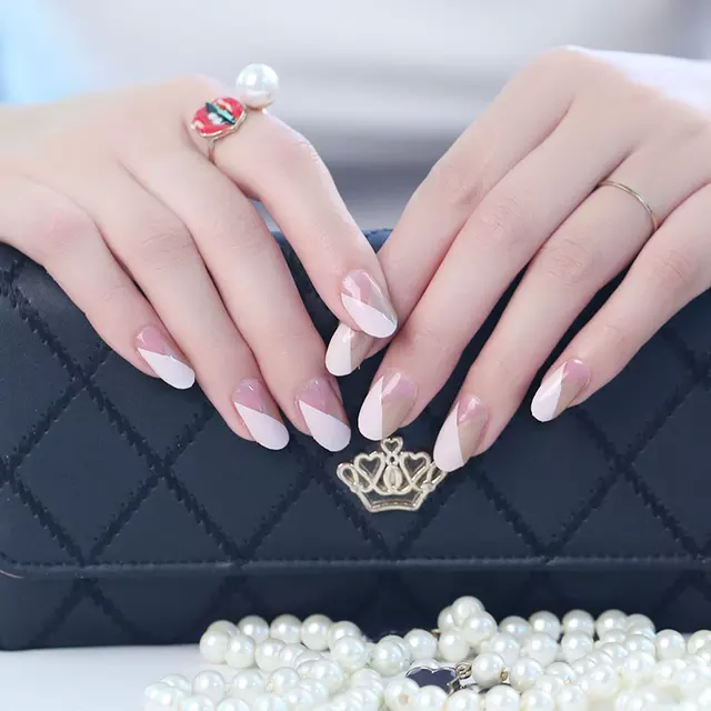 Dark Slate Gray Nude Pink and Gold with Transparent Triangle French Manicure