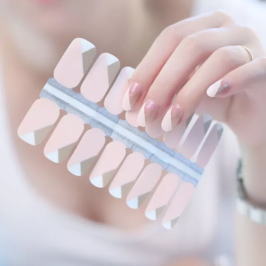 Light Gray Nude Pink and Gold with Transparent Triangle French Manicure