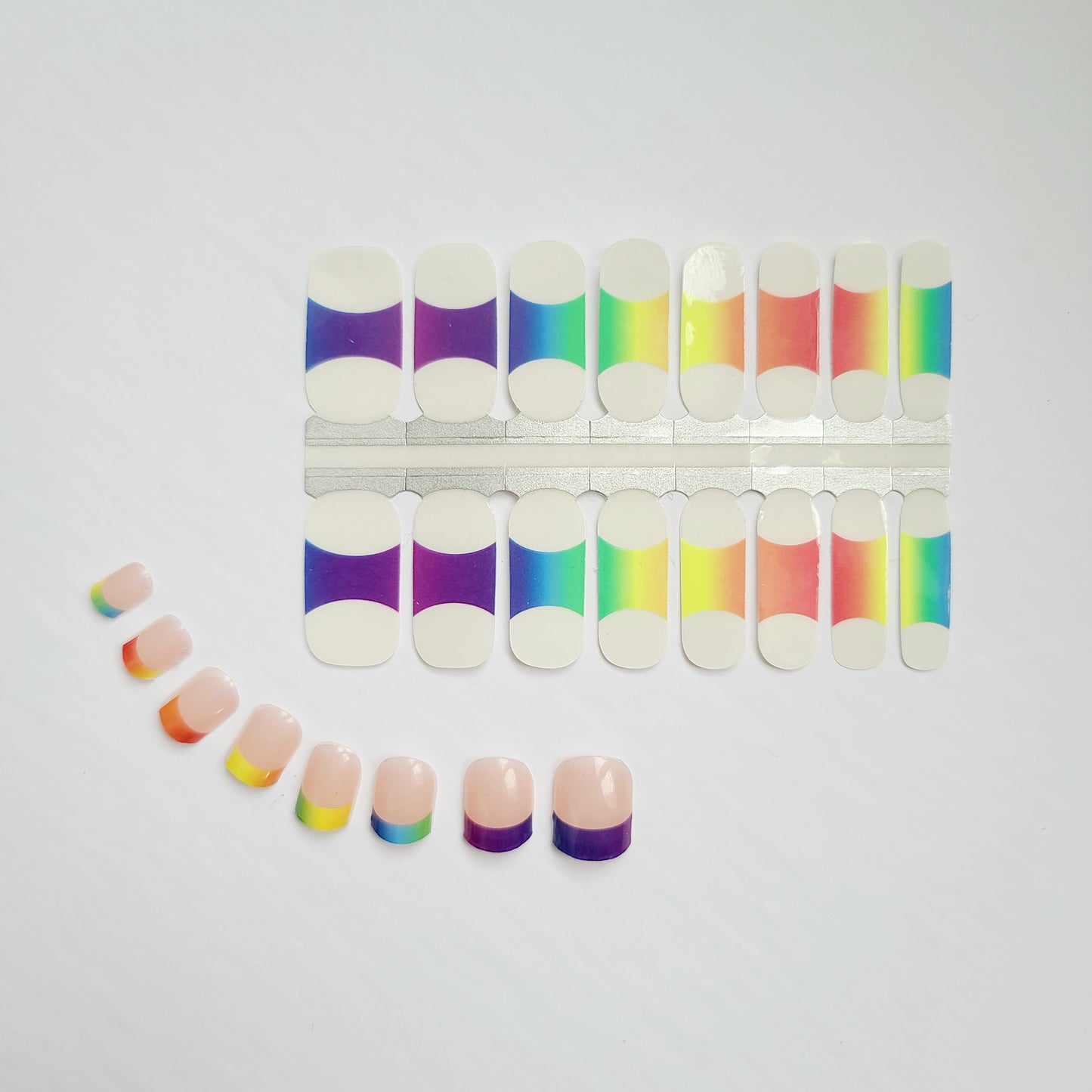 Light Gray Rainbow Gradient French Manicure with Clear Top