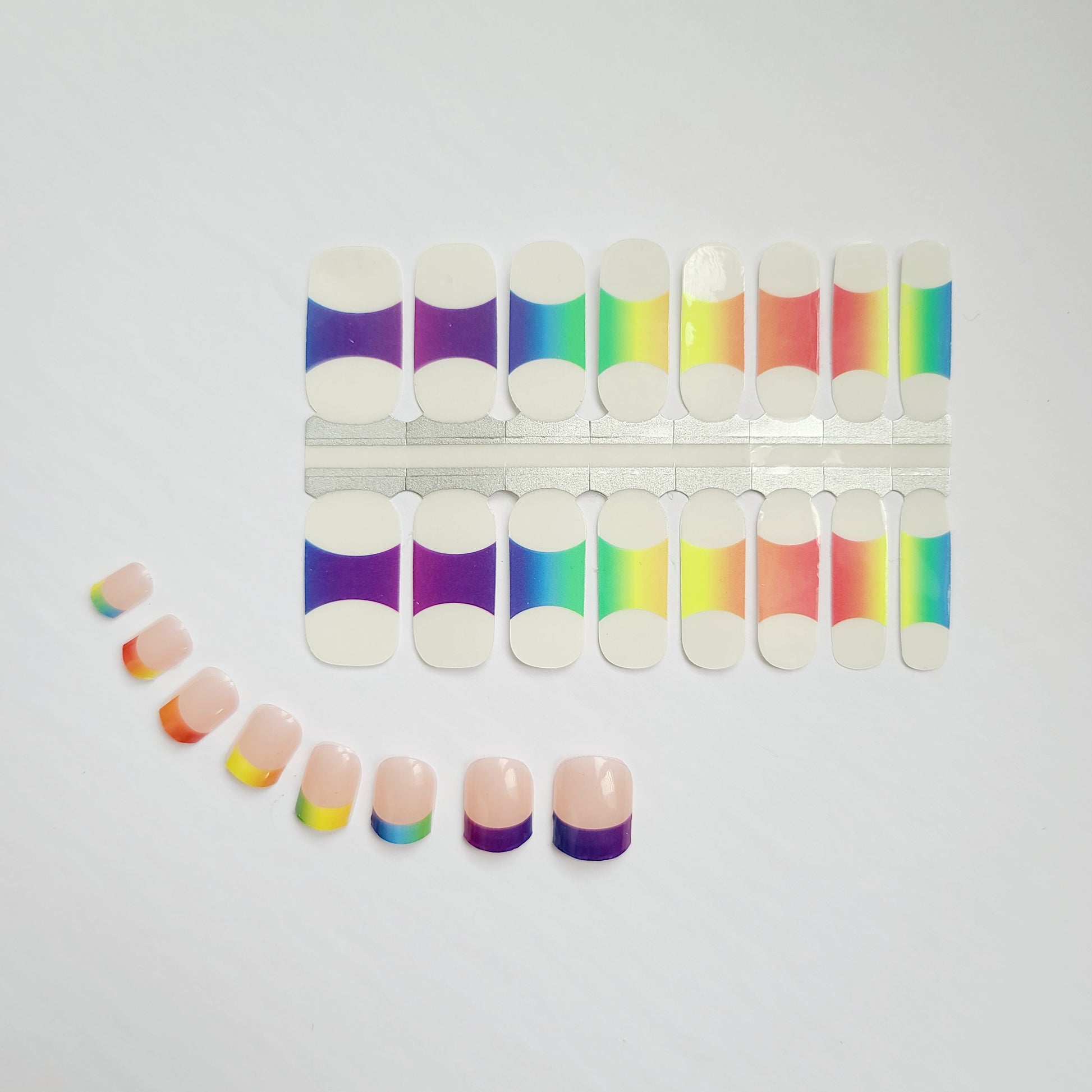 Light Gray Rainbow Gradient French Manicure with Clear Top