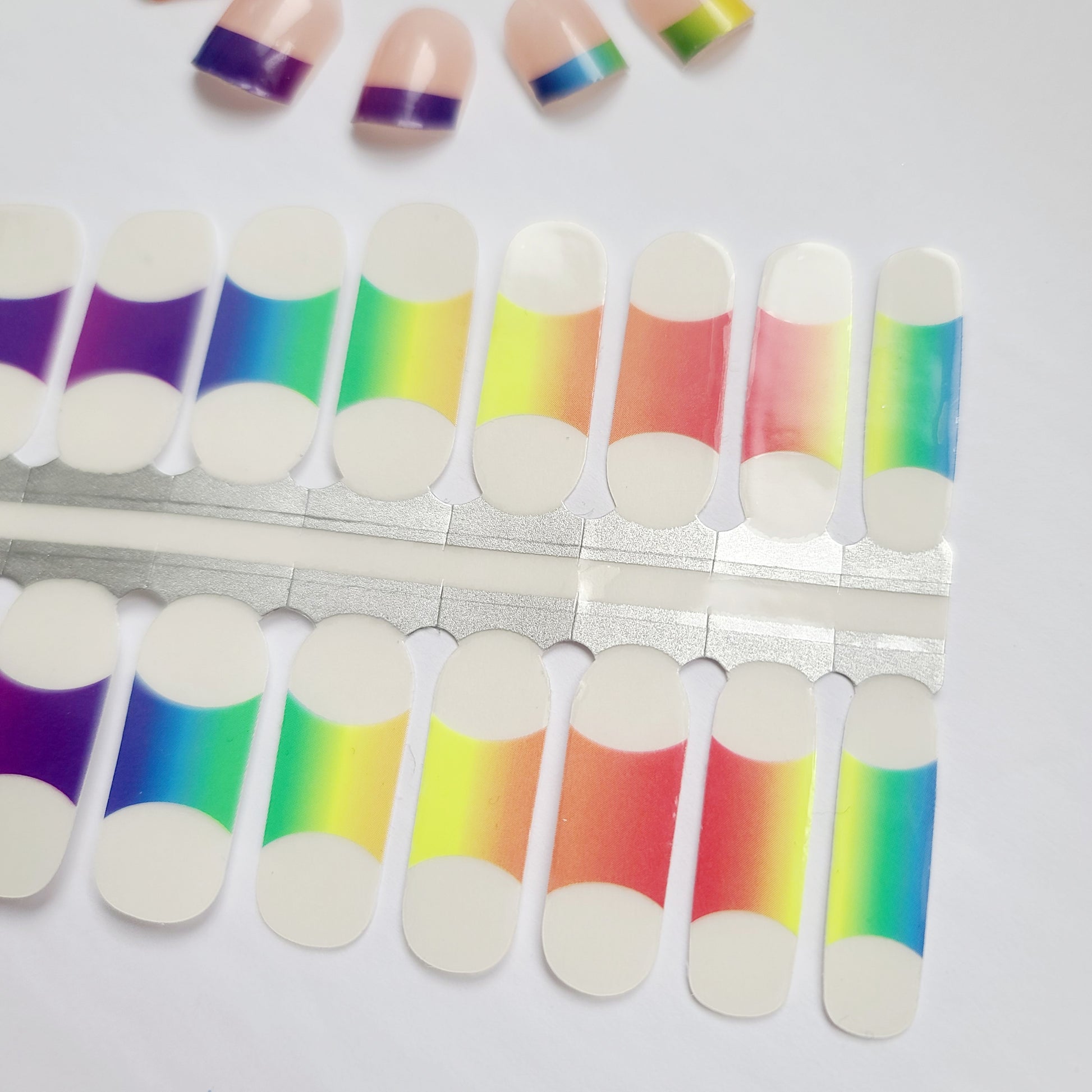 Light Gray Rainbow Gradient French Manicure with Clear Top