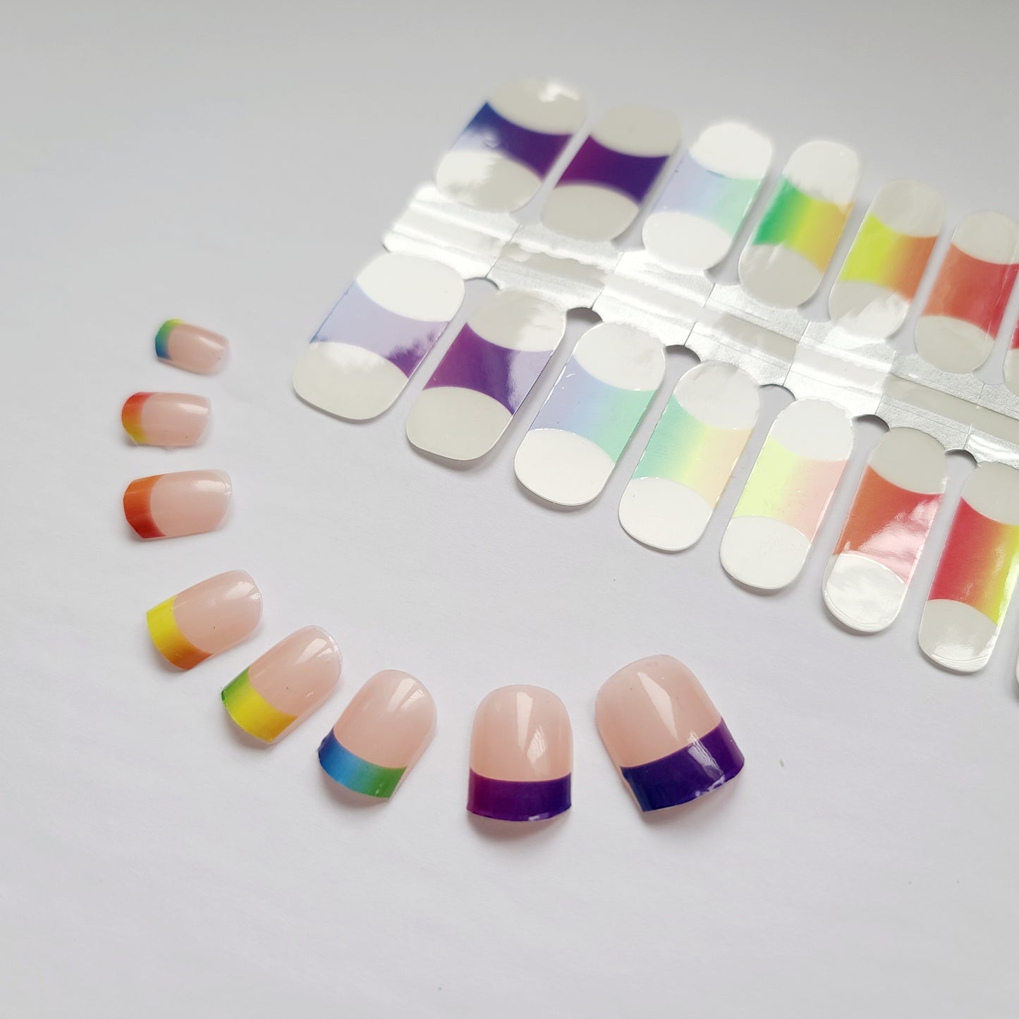 Light Gray Rainbow Gradient French Manicure with Clear Top