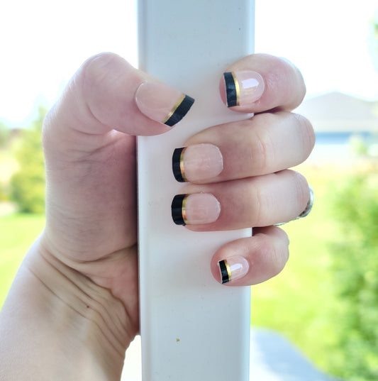 White Smoke Black and Gold French Manicure with Clear Top