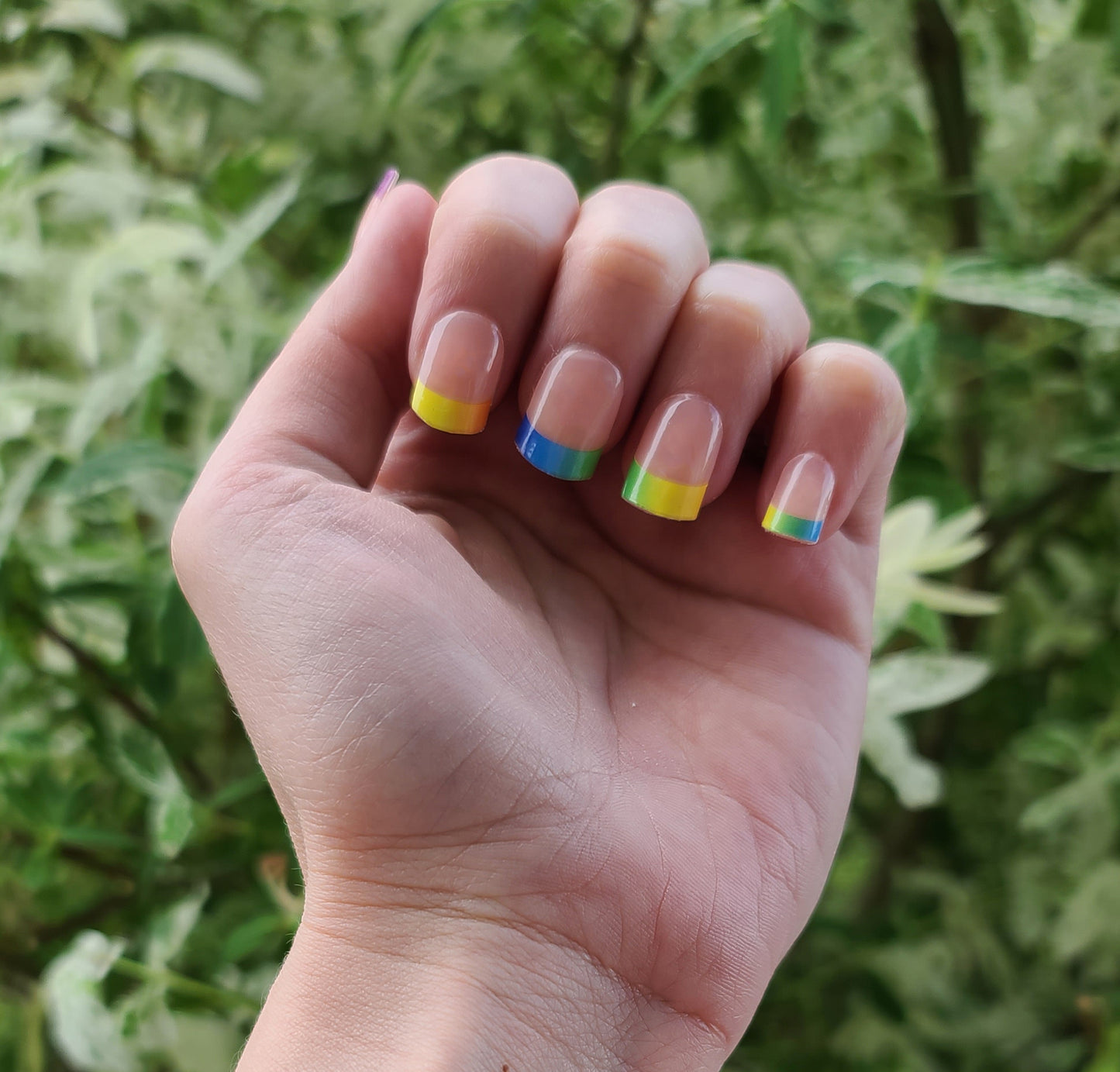 Dark Olive Green Rainbow Gradient French Manicure with Clear Top