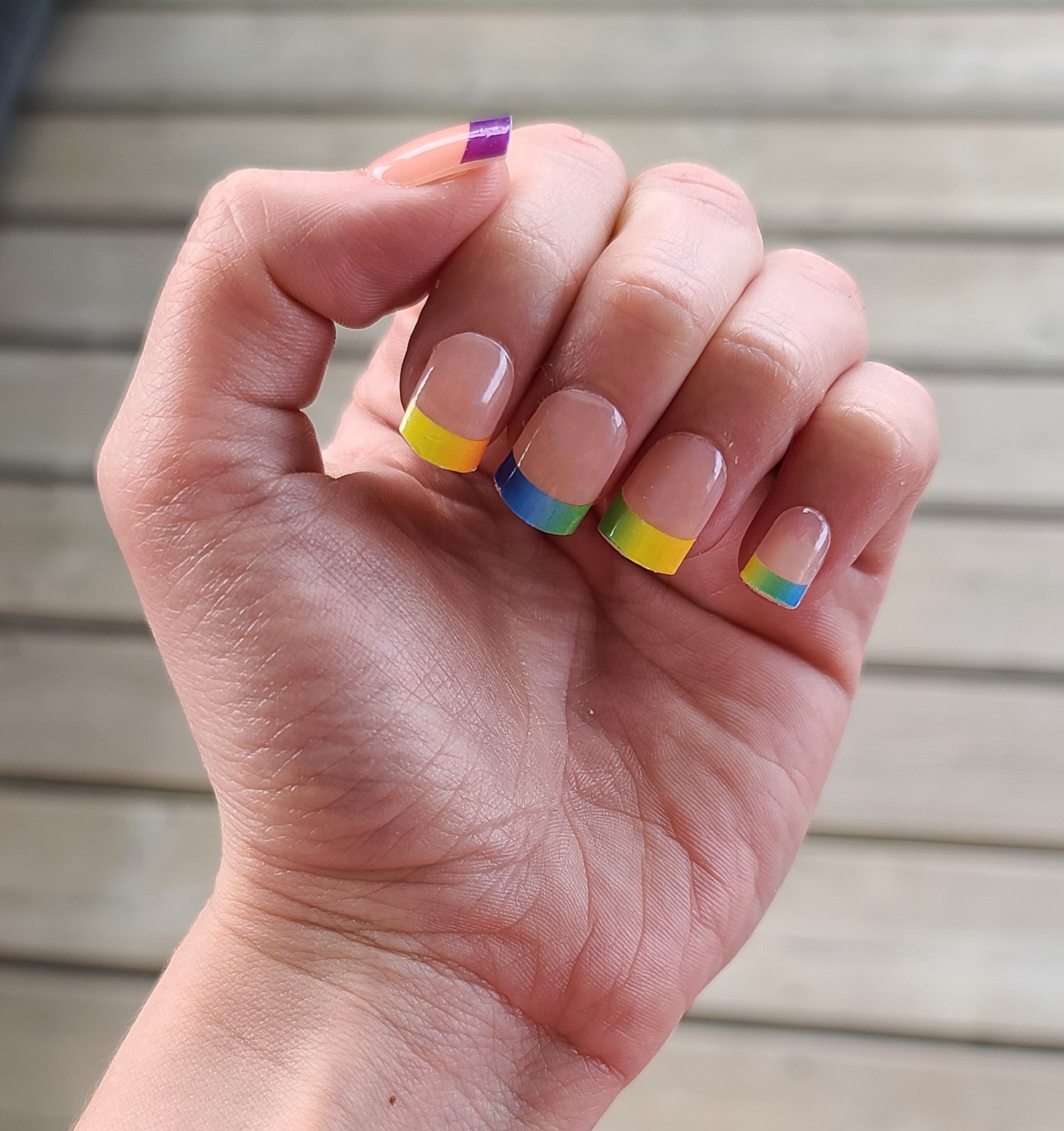 Gray Rainbow Gradient French Manicure with Clear Top