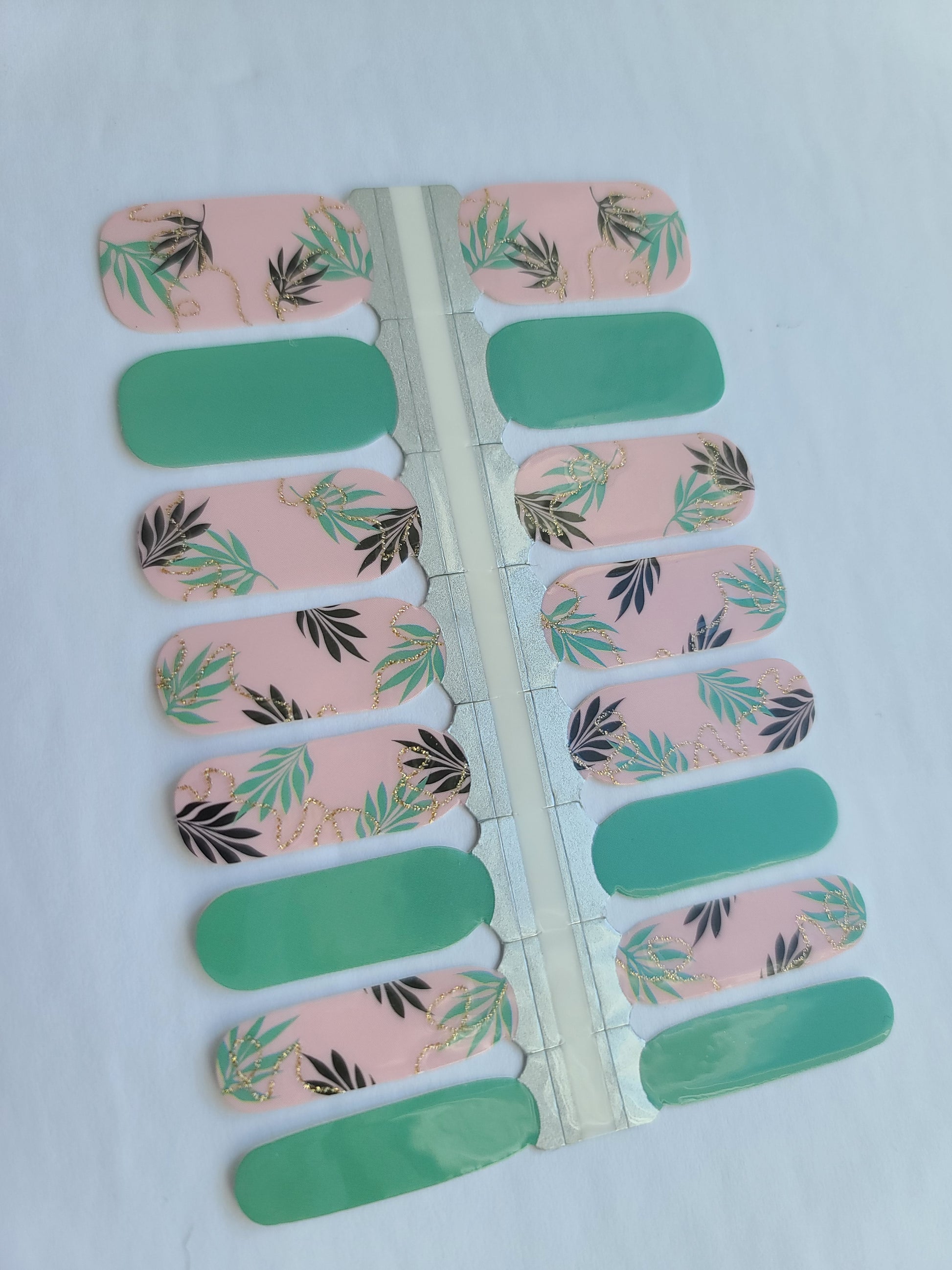 Light Steel Blue Green and Pink with Leaves Branches and Gold Glitter Summer