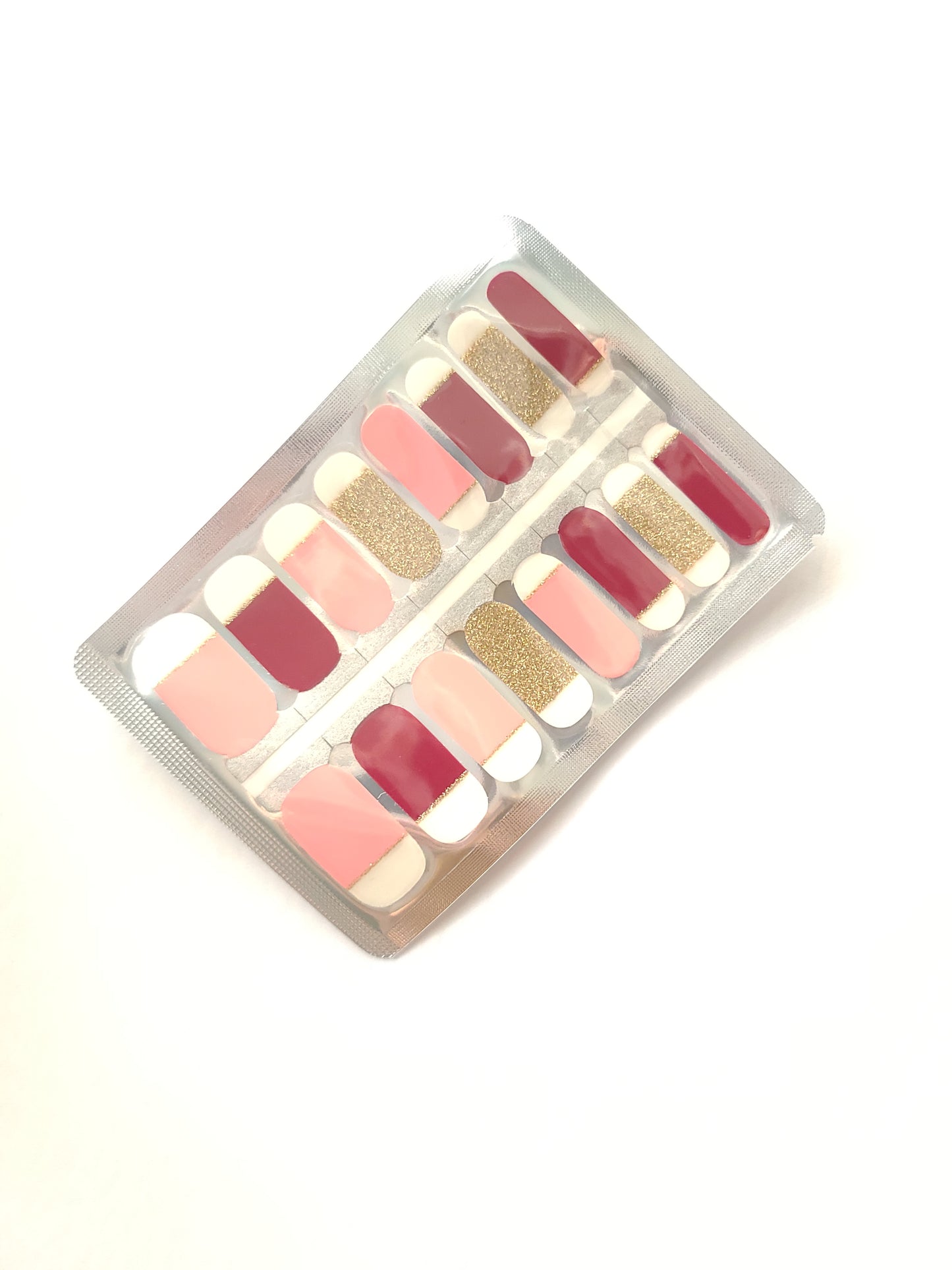 White Smoke Gold Glitter, Pink and Burgundy Red French Manicure with Clear Top