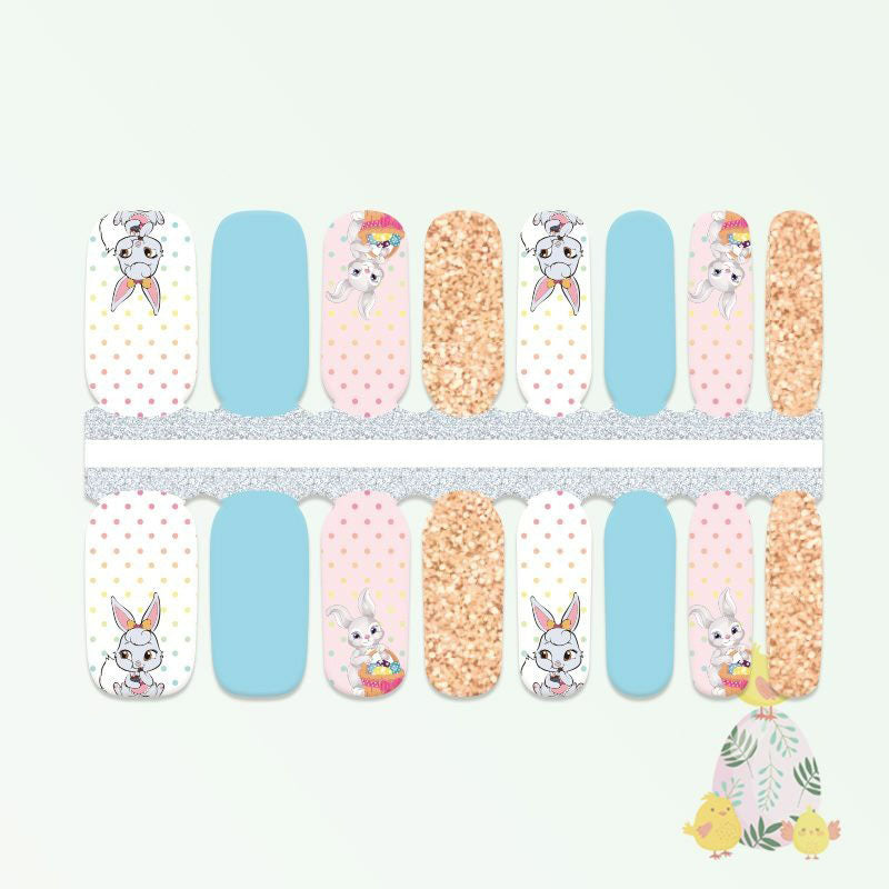 White Smoke Easter Bunny with Egg Basket Pink, Blue, Gold Glitter Polka Dot