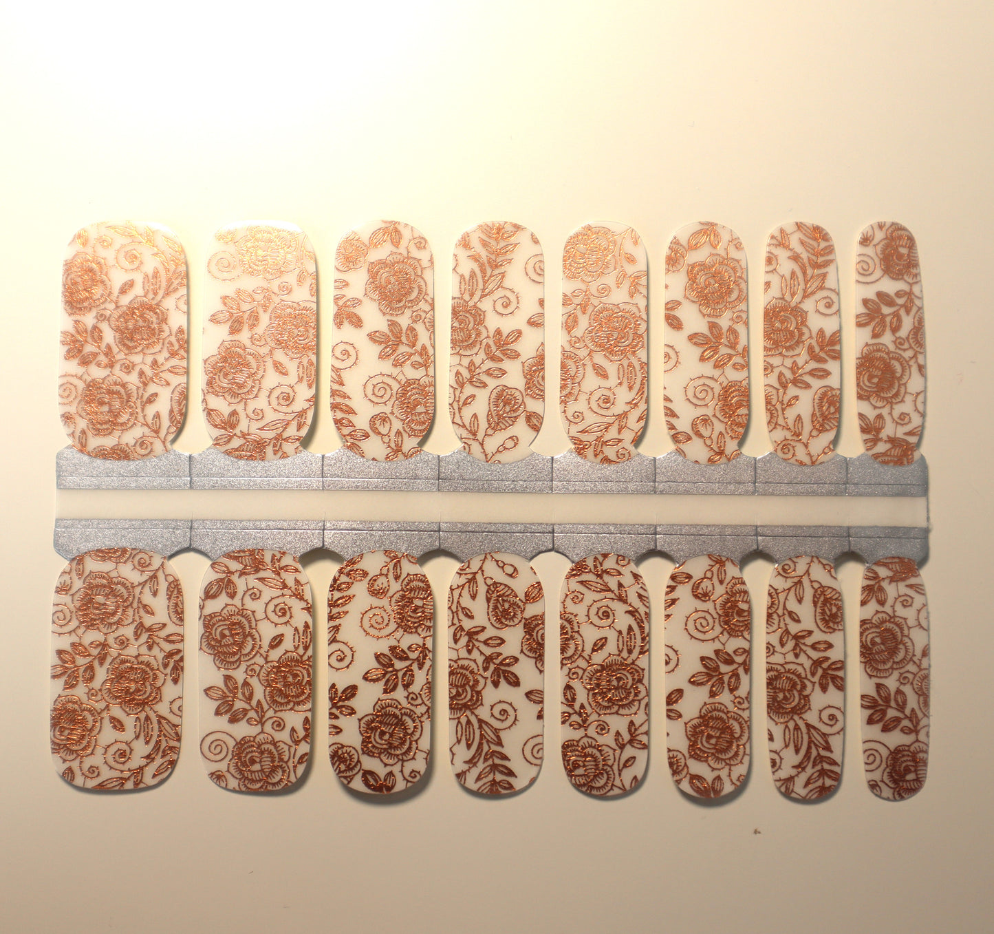 White Smoke Rose Gold Foil Roses Flowers with Leaves and Vines Clear Lace Overlay Negative Space
