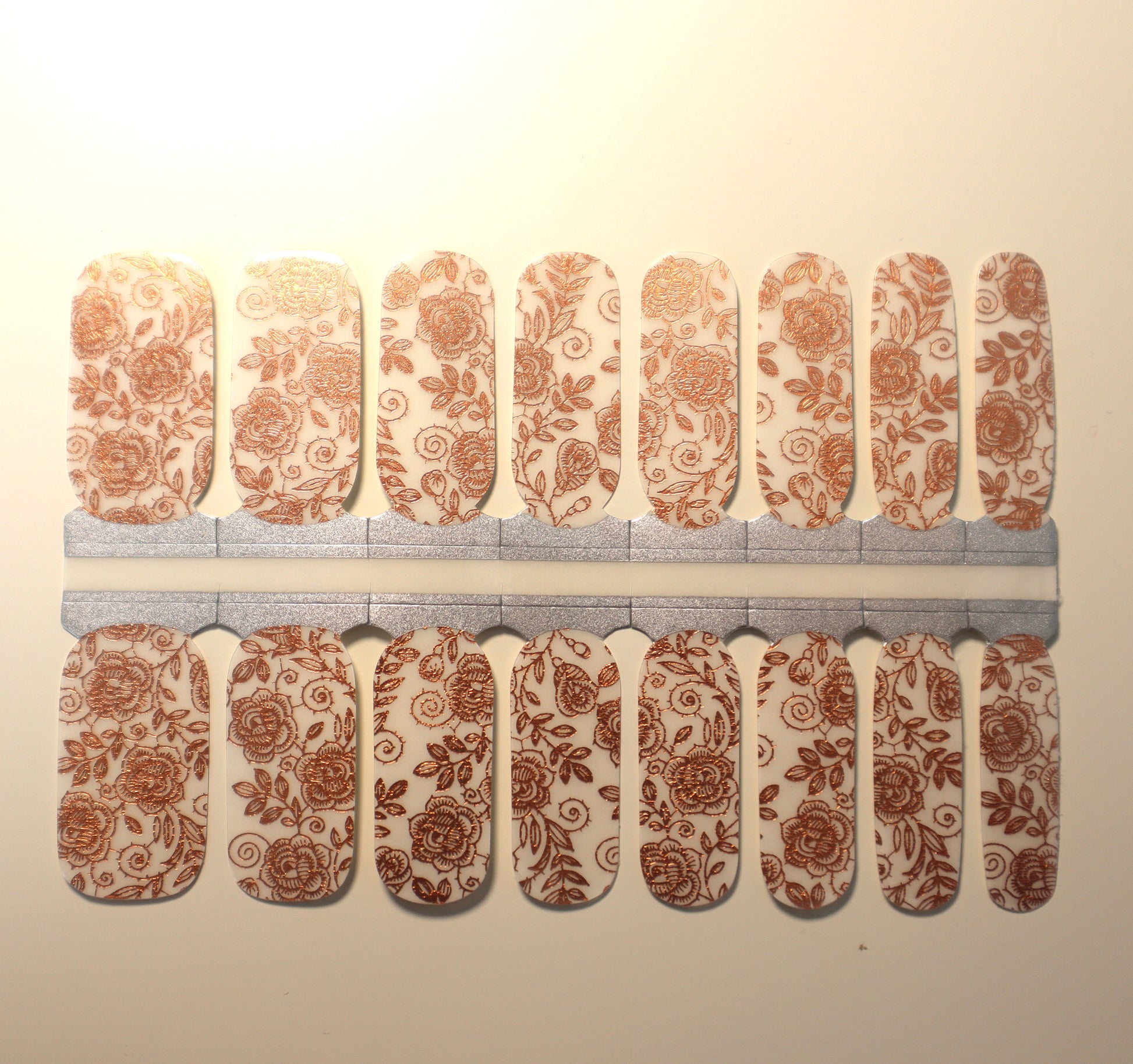 White Smoke Rose Gold Foil Roses Flowers with Leaves and Vines Clear Lace Overlay Negative Space