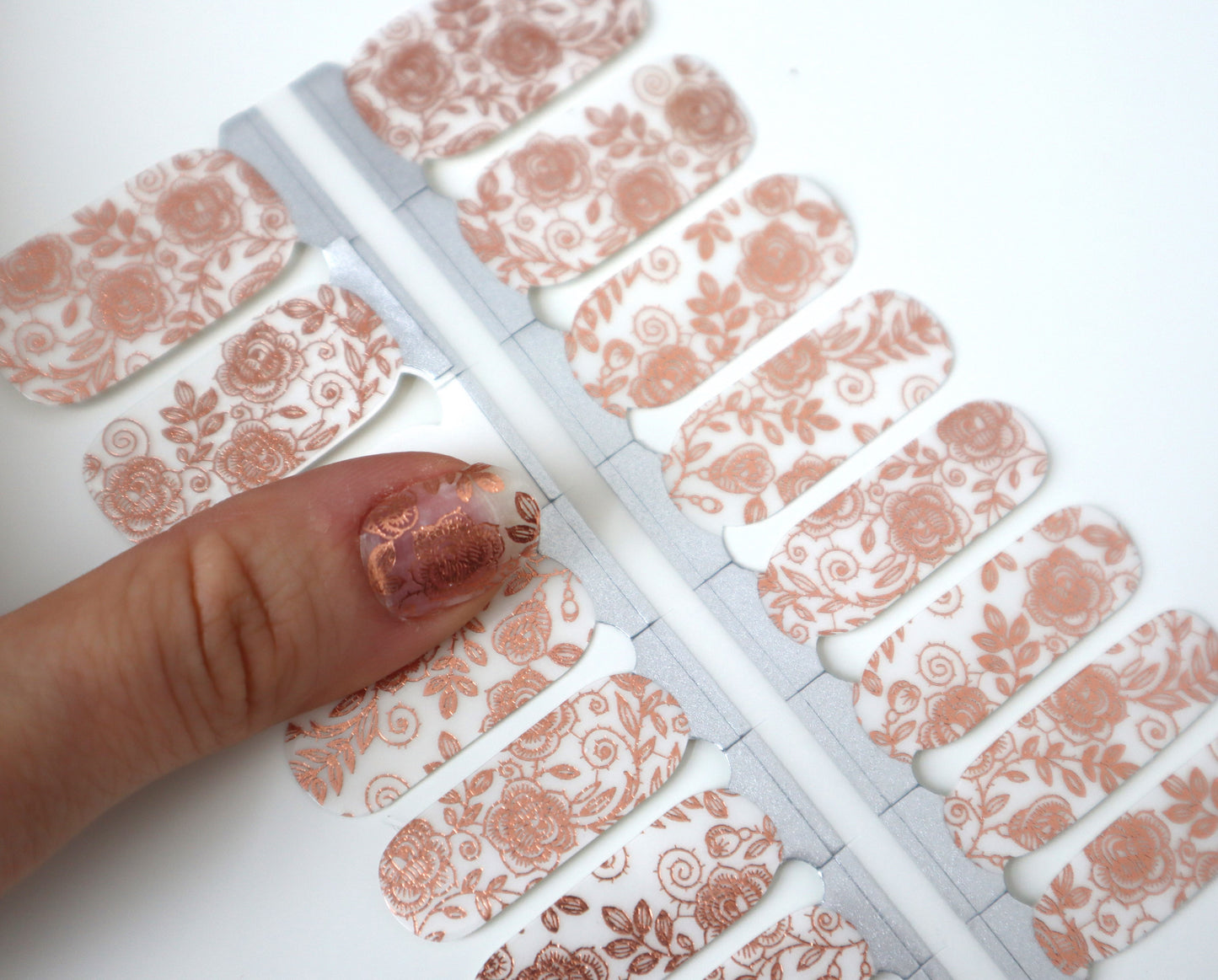 White Smoke Rose Gold Foil Roses Flowers with Leaves and Vines Clear Lace Overlay Negative Space