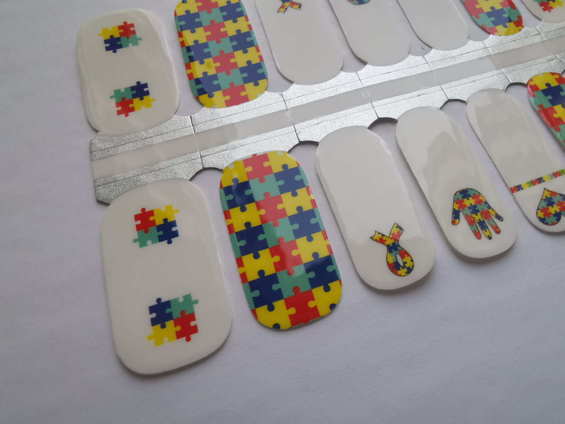 Dark Gray Autism Awareness Heart Hand Puzzles Blue Yellow Red