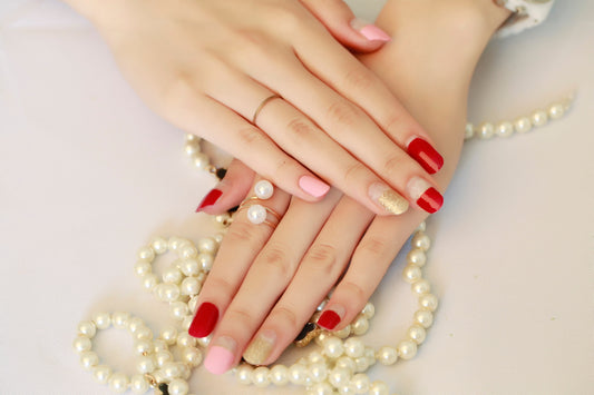 Light Gray Gold Glitter, Pink and Burgundy Red French Manicure with Clear Top