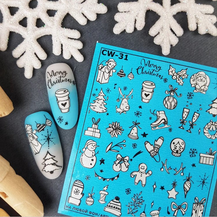 Light Gray Black and White Snowman, Gingerbread Man, Mittens, Skates, Christmas Tree, Ornaments