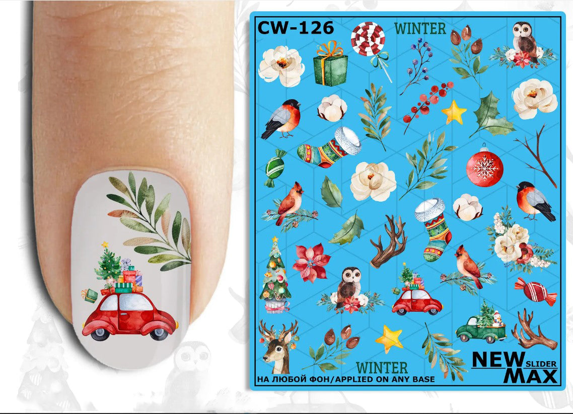 White Smoke Red Car with Christmas Tree, Holiday Truck, Owls, Deer, Poinsettia Flowers