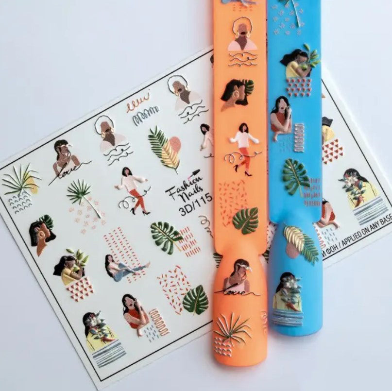 Light Gray 3D Women Silhouette Figure and Faces with Abstract Art and Leaves Neutral Nails