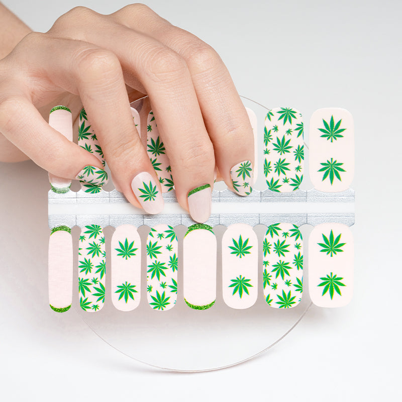 White Smoke Cannabis Weed Leaves Art Green and Beige