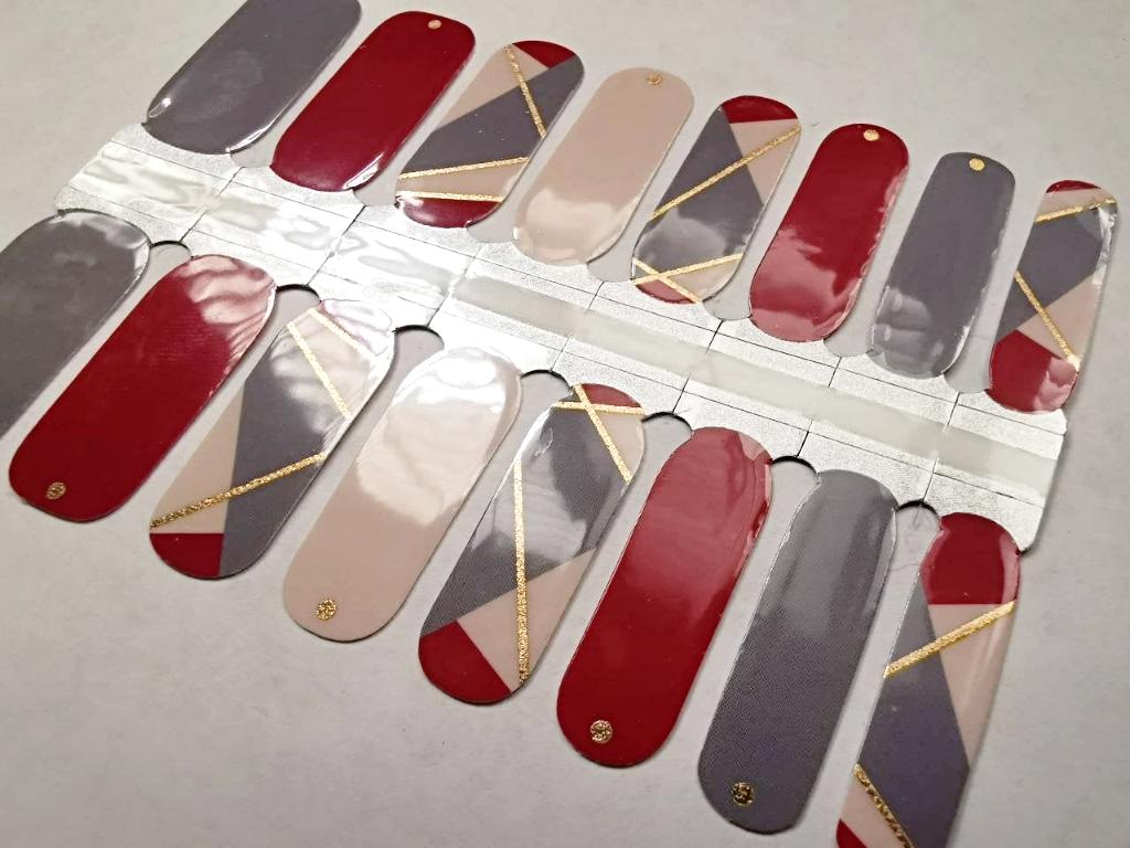Nail Wraps, Strips, Stickers - Grey with Blue Undertone and Burgundy Red Elegance - EZ Nails Store