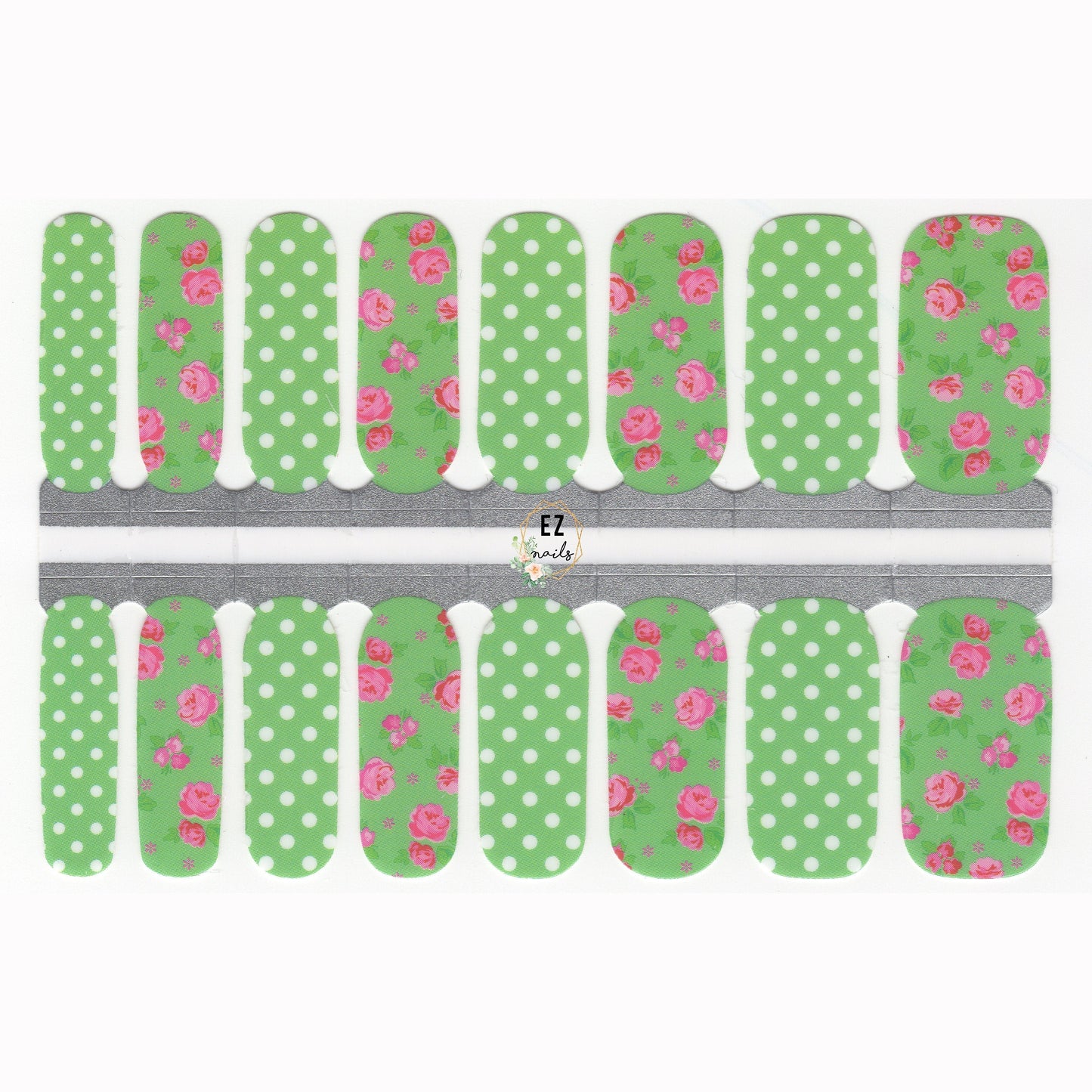 Nail Wraps, Strips, Stickers - Green Polka Dot and Pink Roses Spring - EZ Nails Store