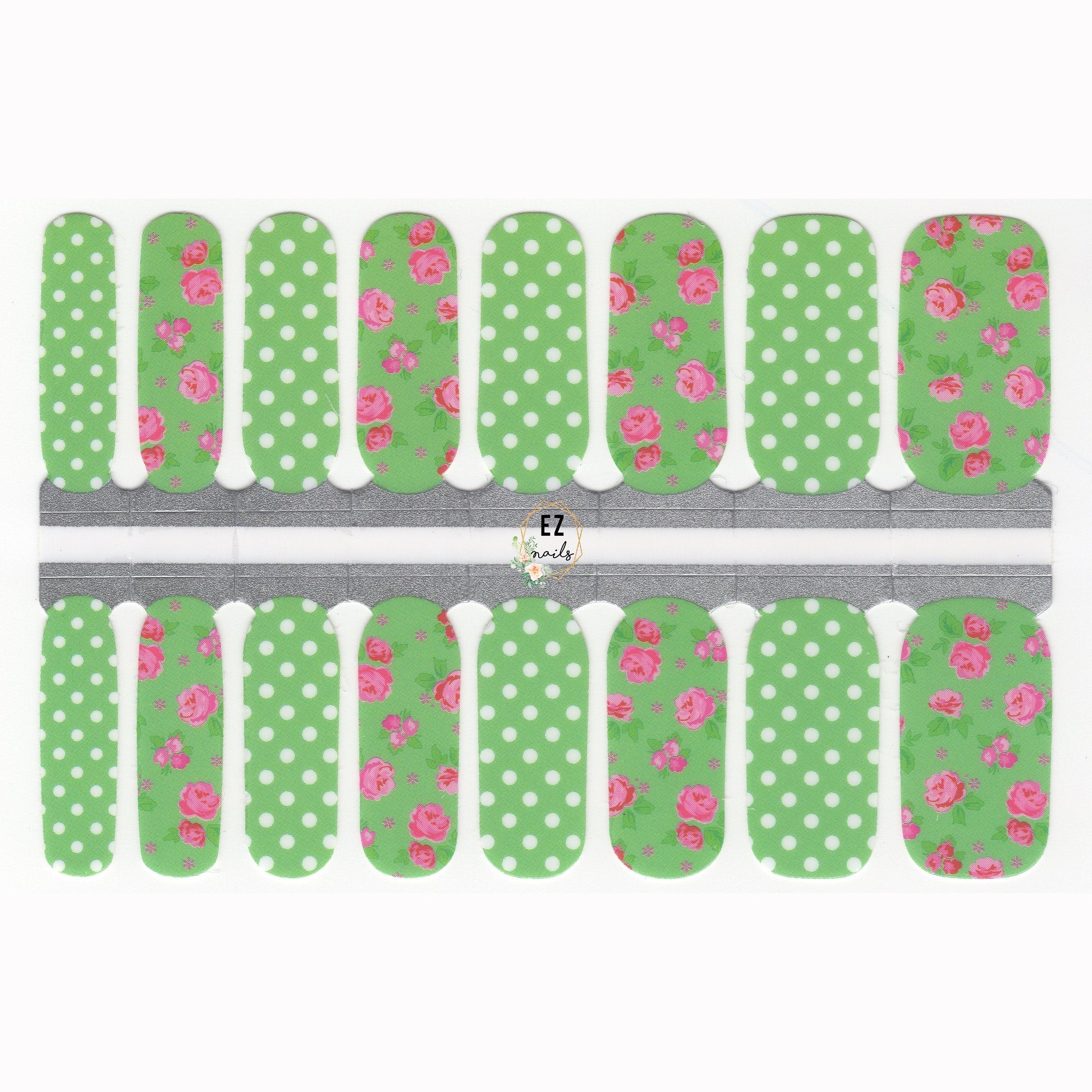 Nail Wraps, Strips, Stickers - Green Polka Dot and Pink Roses Spring - EZ Nails Store