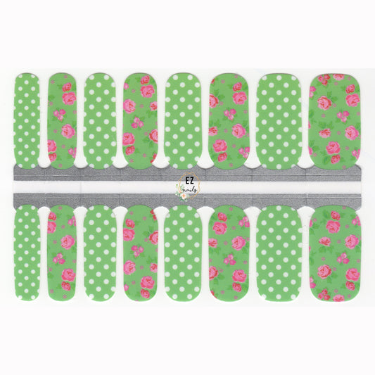 Nail Wraps, Strips, Stickers - Green Polka Dot and Pink Roses Spring - EZ Nails Store