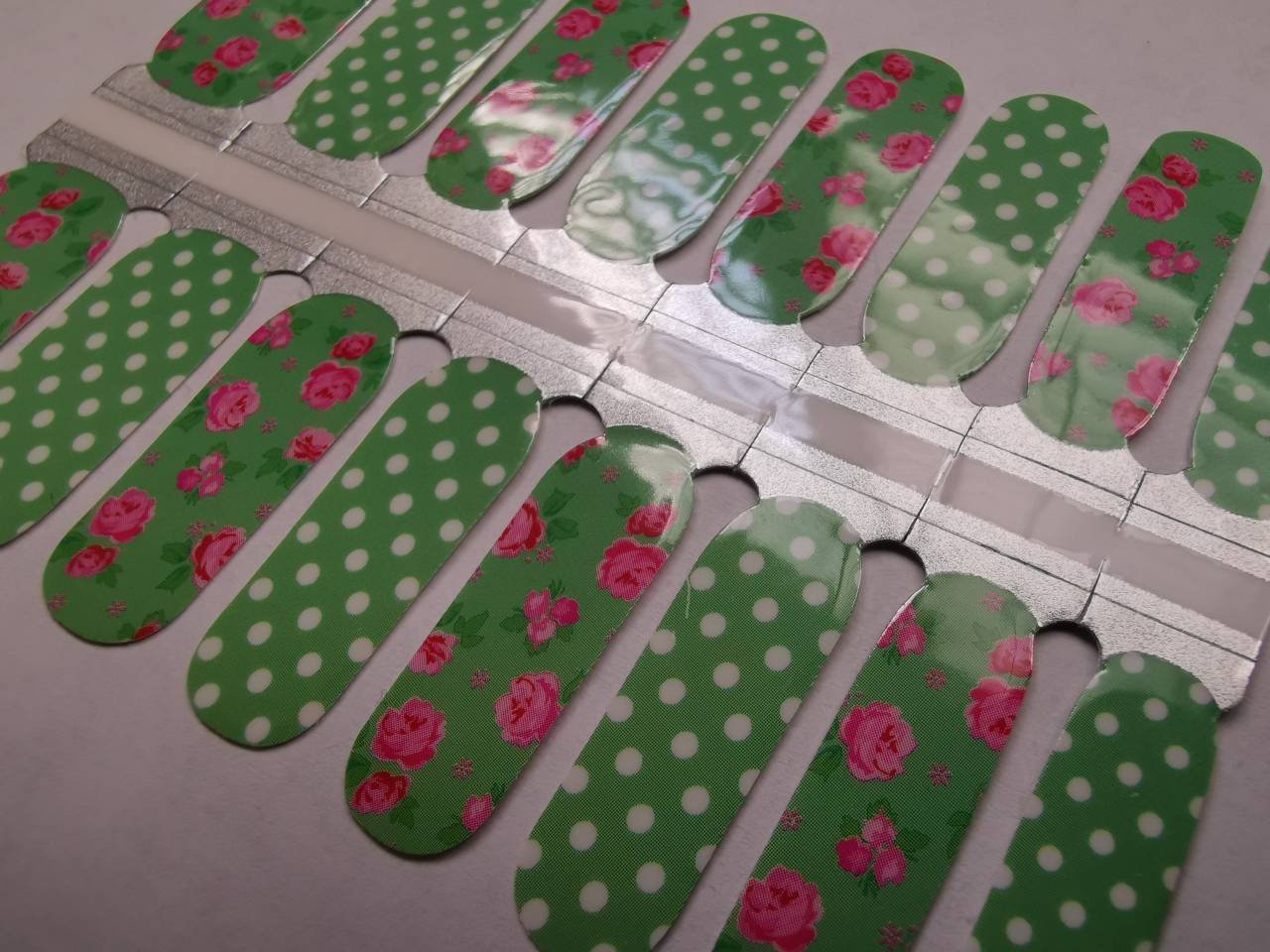 Nail Wraps, Strips, Stickers - Green Polka Dot and Pink Roses Spring - EZ Nails Store