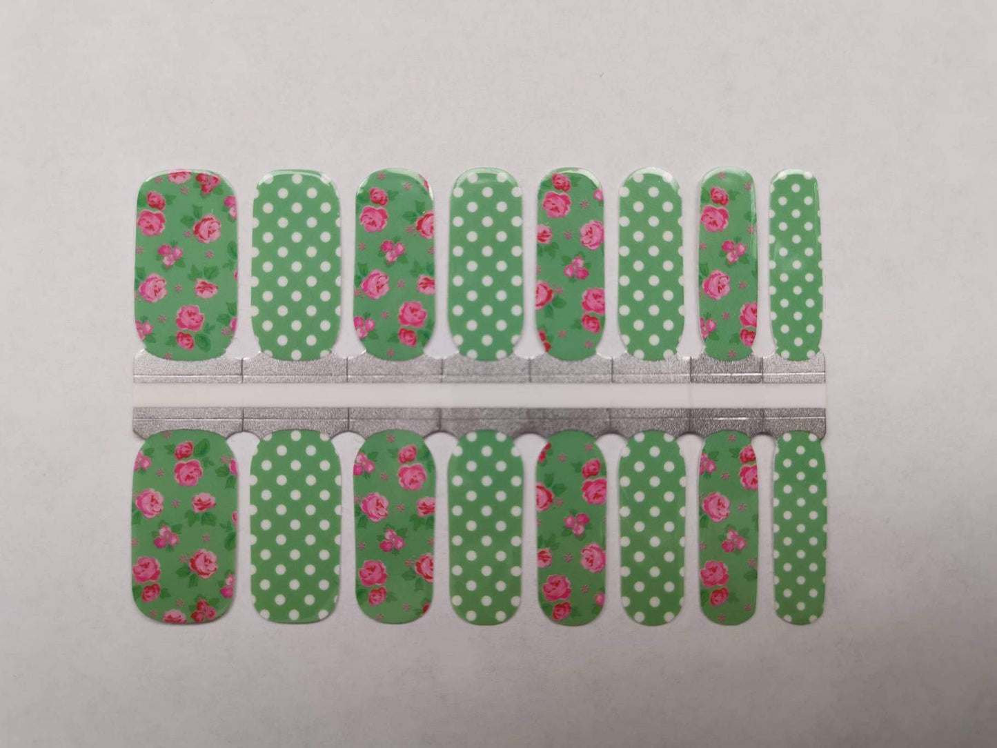 Nail Wraps, Strips, Stickers - Green Polka Dot and Pink Roses Spring - EZ Nails Store