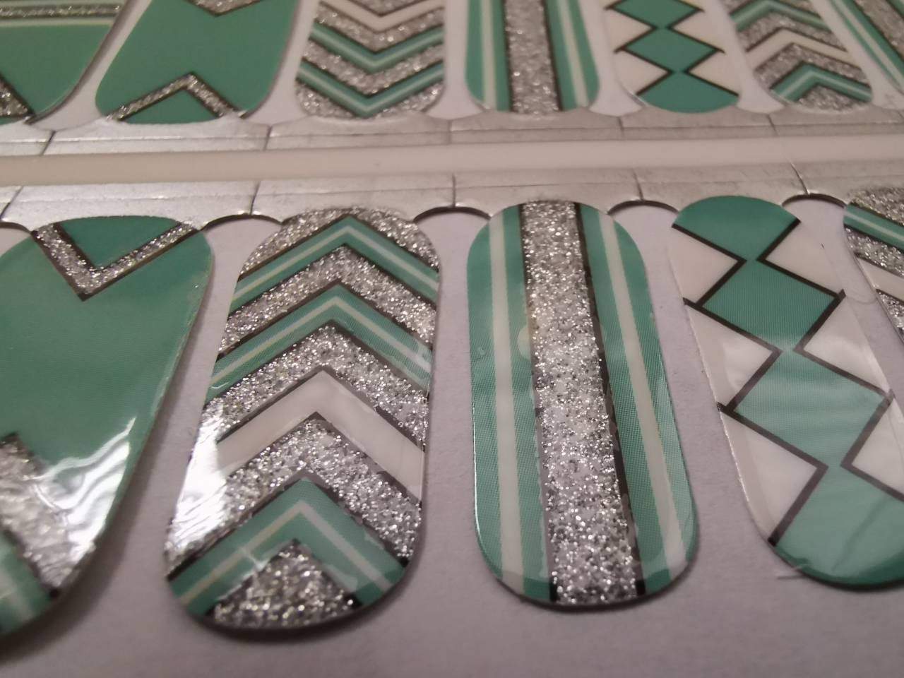 Nail Wraps, Strips, Stickers - Green and Silver Glitter Aztec Art - EZ Nails Store