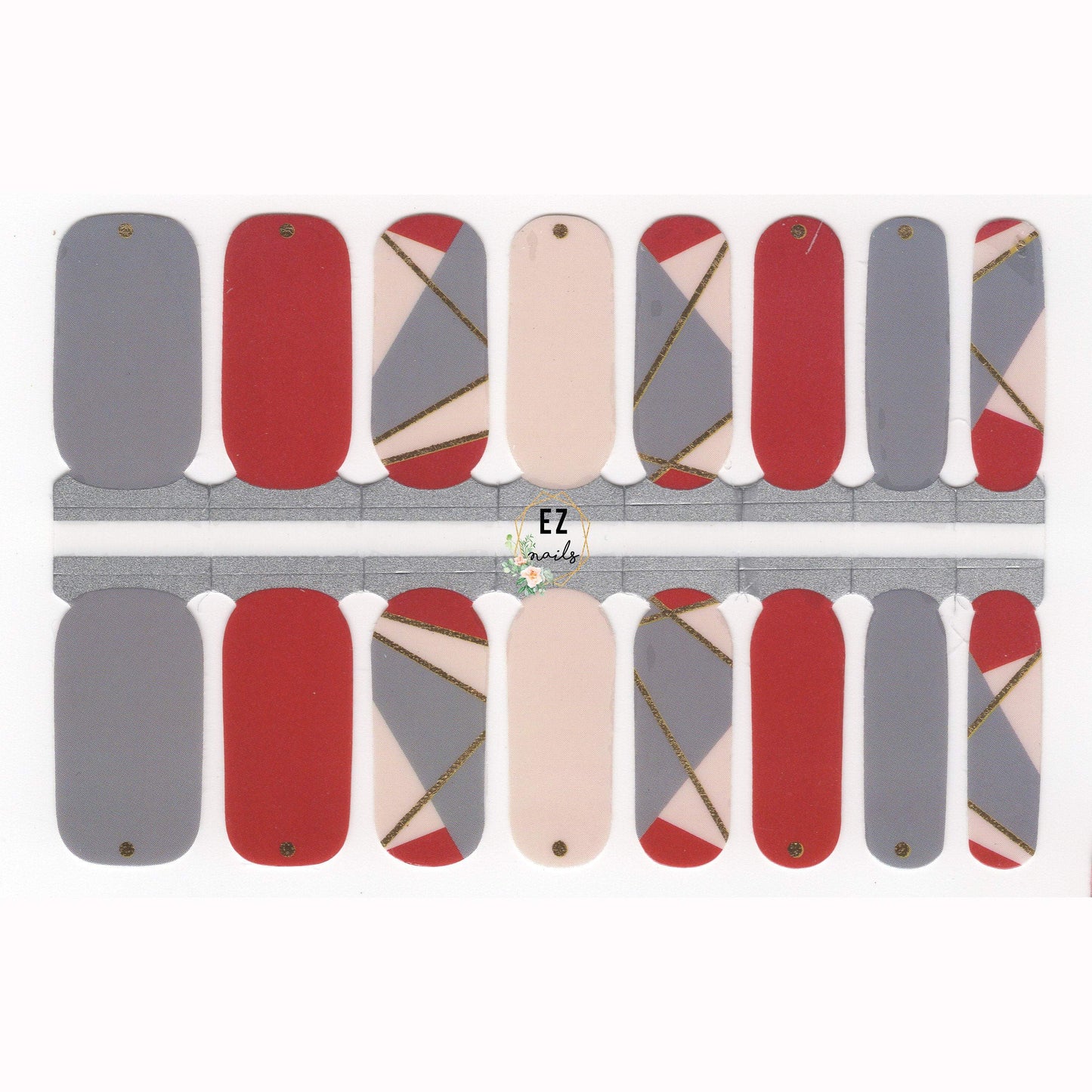 Nail Wraps, Strips, Stickers - Grey with Blue Undertone and Burgundy Red Elegance - EZ Nails Store