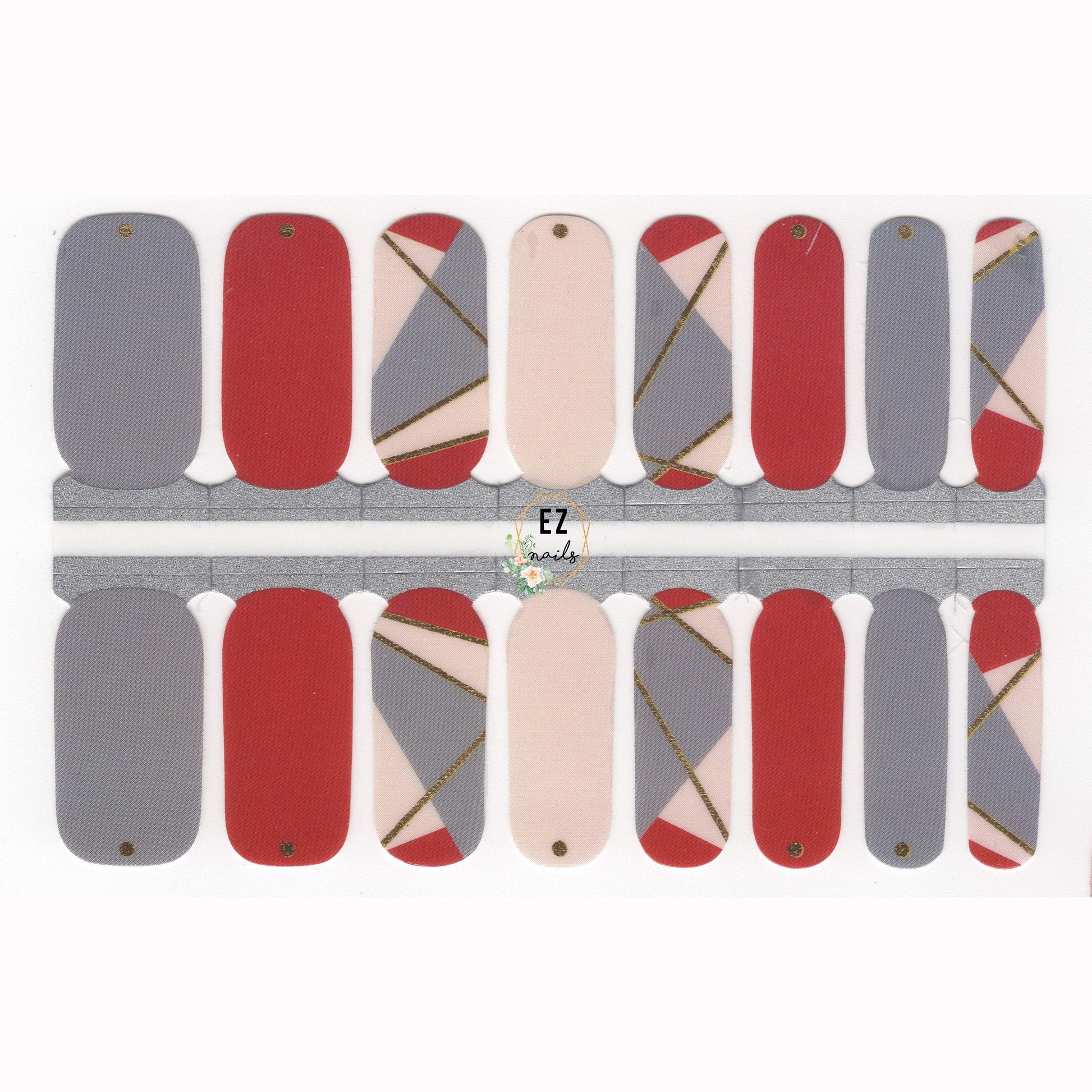 Nail Wraps, Strips, Stickers - Grey with Blue Undertone and Burgundy Red Elegance - EZ Nails Store