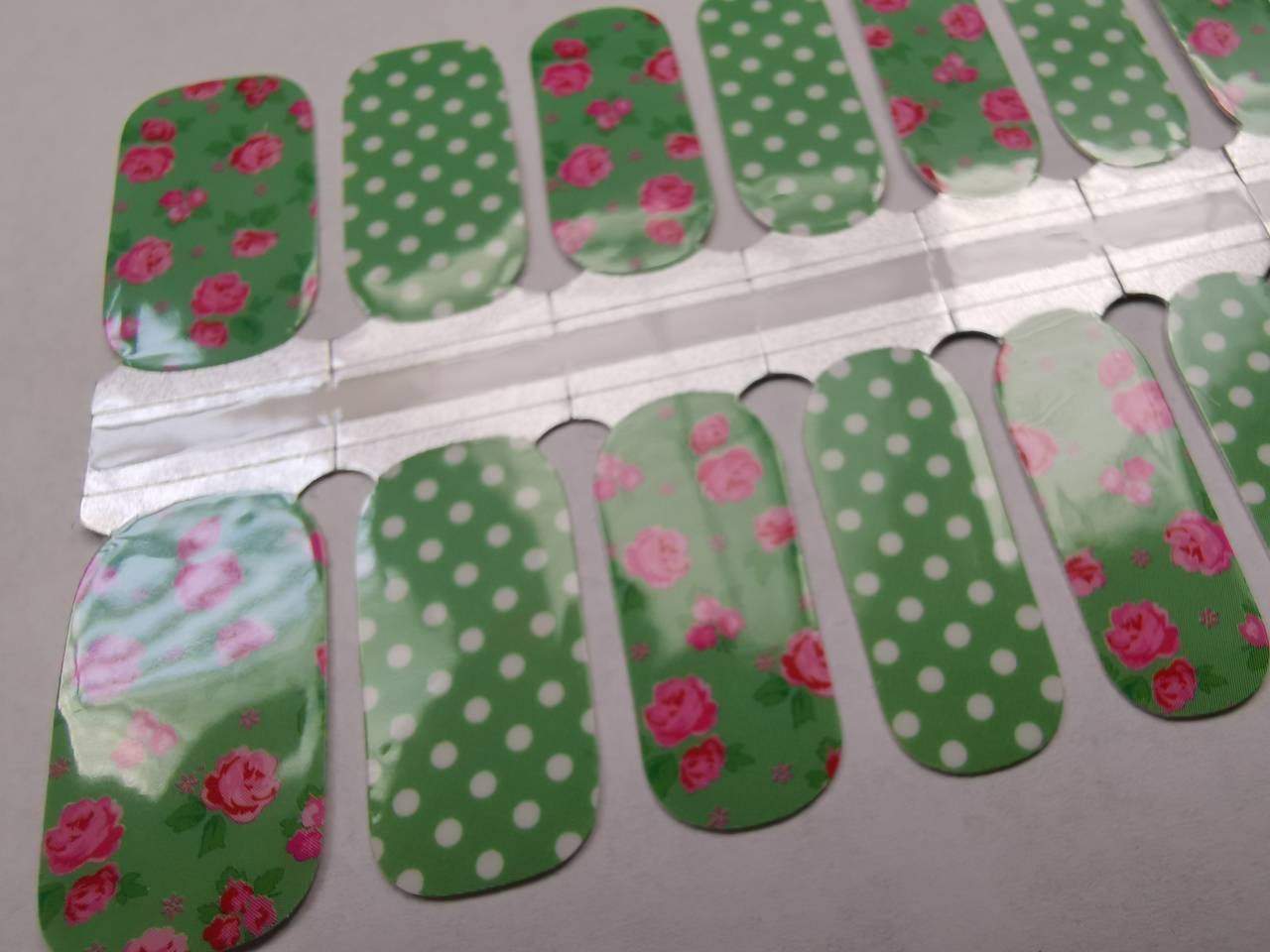 Nail Wraps, Strips, Stickers - Green Polka Dot and Pink Roses Spring - EZ Nails Store
