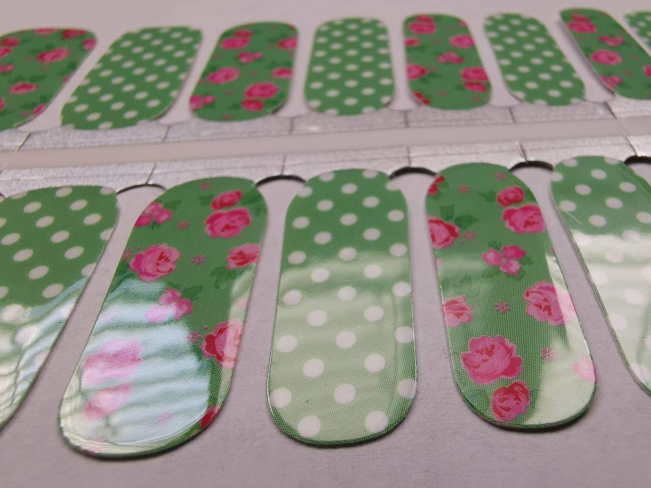Nail Wraps, Strips, Stickers - Green Polka Dot and Pink Roses Spring - EZ Nails Store