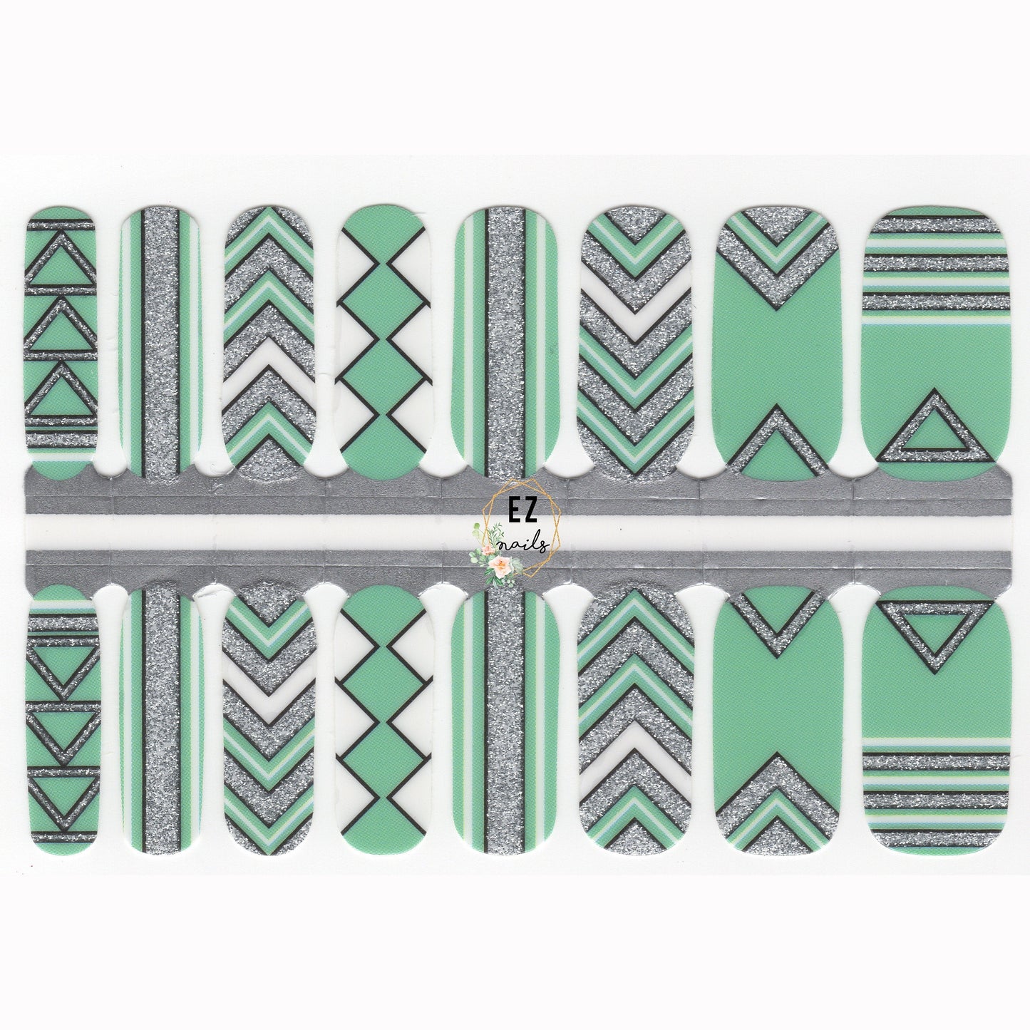 Nail Wraps, Strips, Stickers - Green and Silver Glitter Aztec Art - EZ Nails Store
