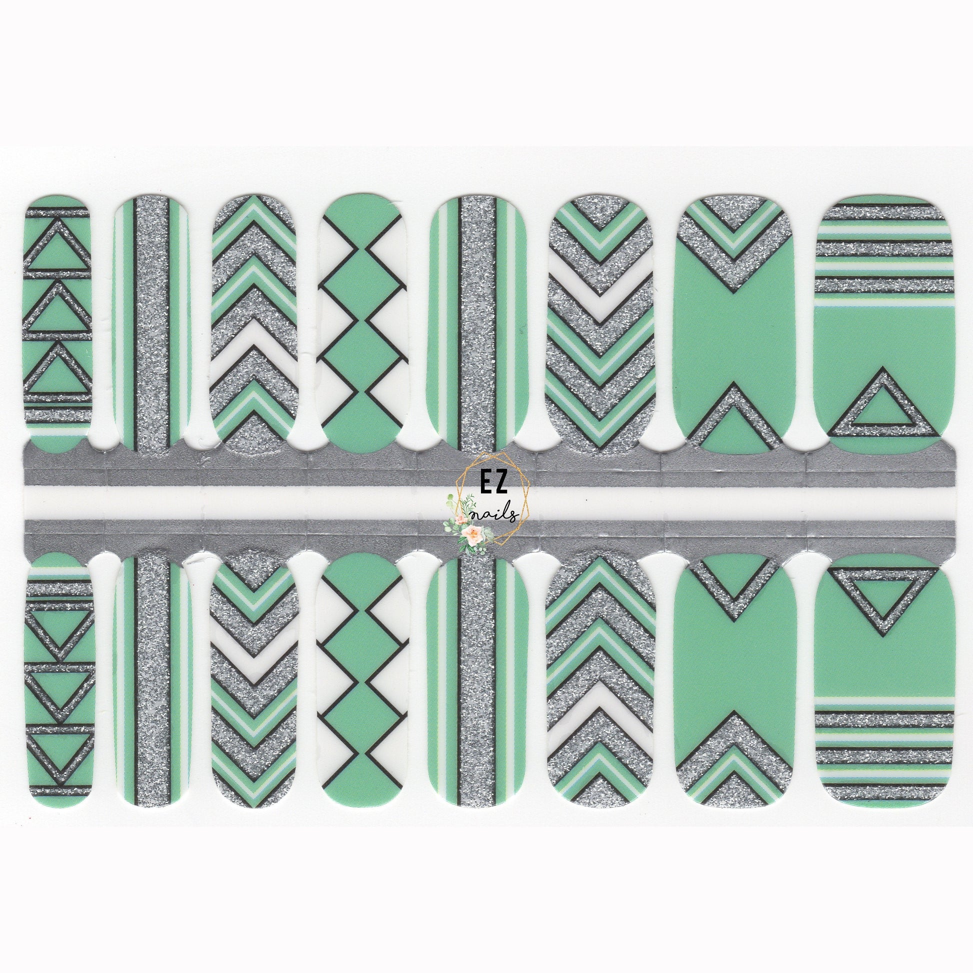 Nail Wraps, Strips, Stickers - Green and Silver Glitter Aztec Art - EZ Nails Store