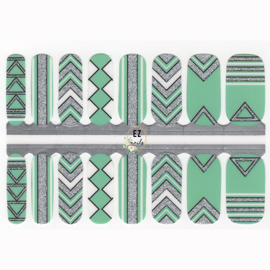 Nail Wraps, Strips, Stickers - Green and Silver Glitter Aztec Art - EZ Nails Store