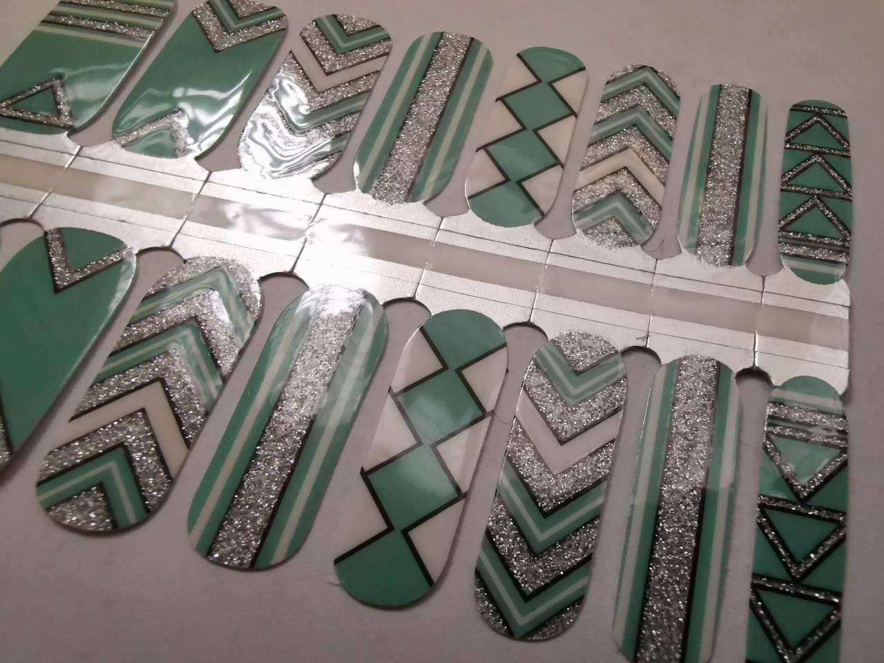 Nail Wraps, Strips, Stickers - Green and Silver Glitter Aztec Art - EZ Nails Store