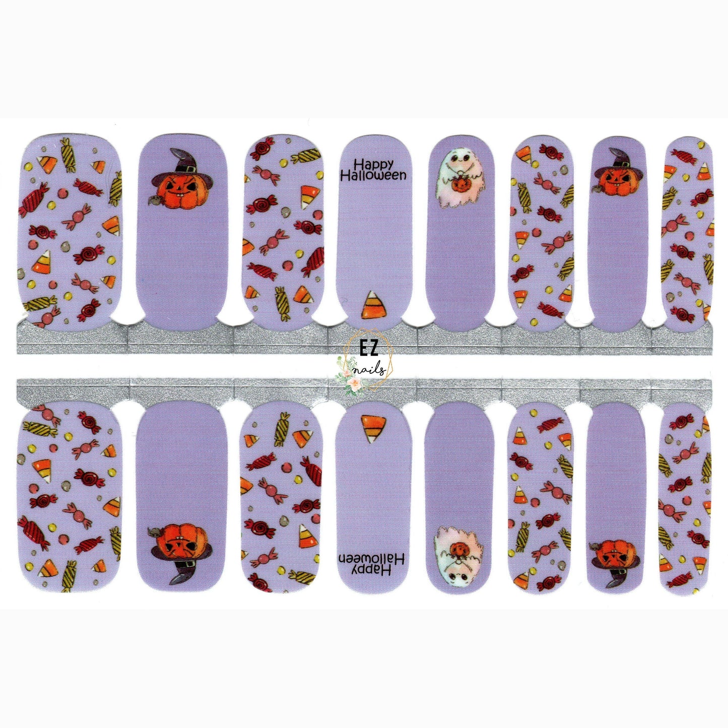 White Smoke Purple and Orange Trick or Treat Ghosts Pumpkins Candy Halloween