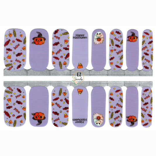 White Smoke Purple and Orange Trick or Treat Ghosts Pumpkins Candy Halloween