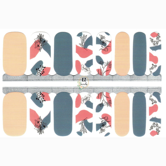 Nail Wraps, Strips, Stickers- Sapphire Blue and Beige Nude Black Flowers - EZ Nails Store