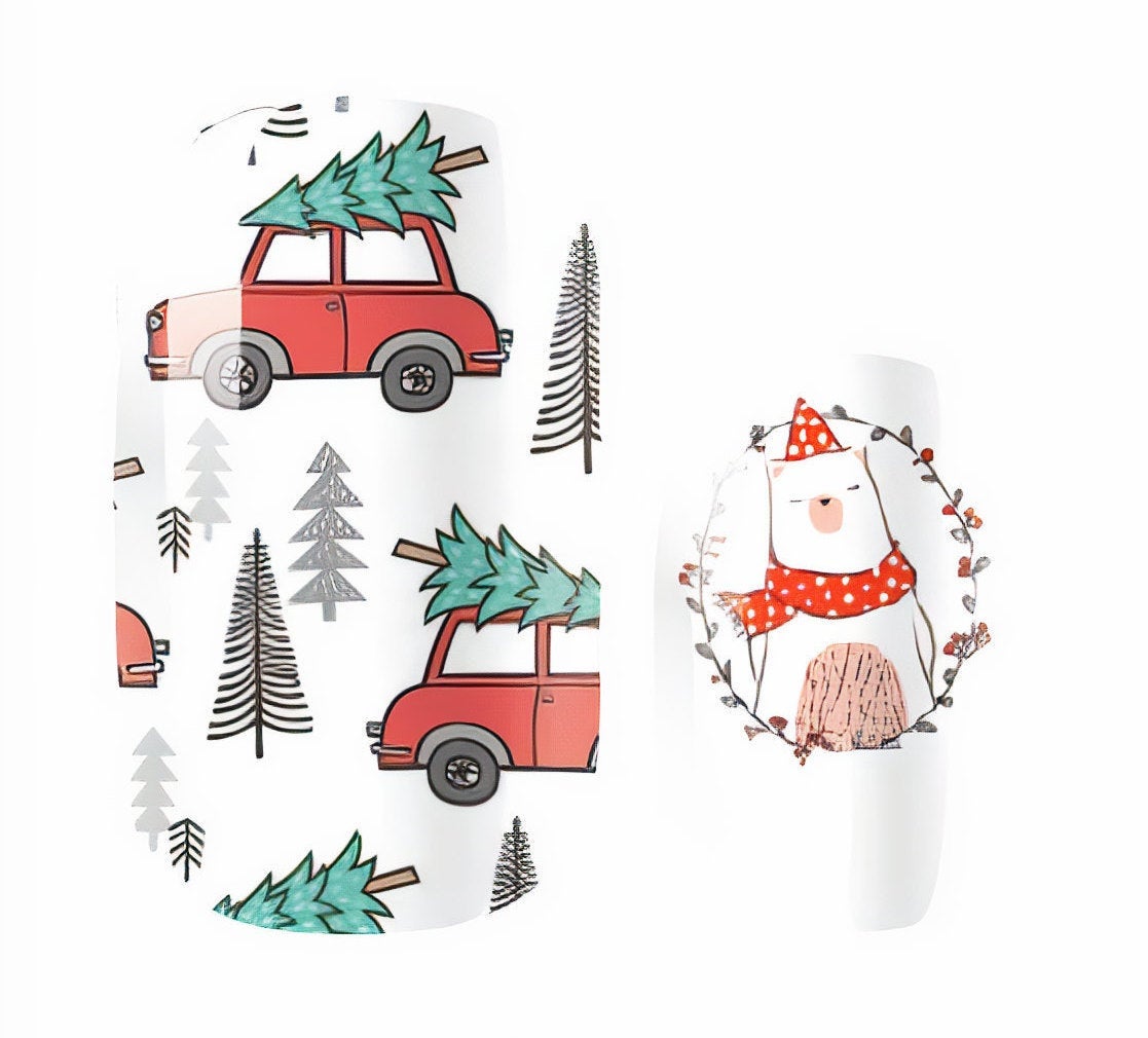 White Smoke Red Truck with Christmas Trees and White Bear