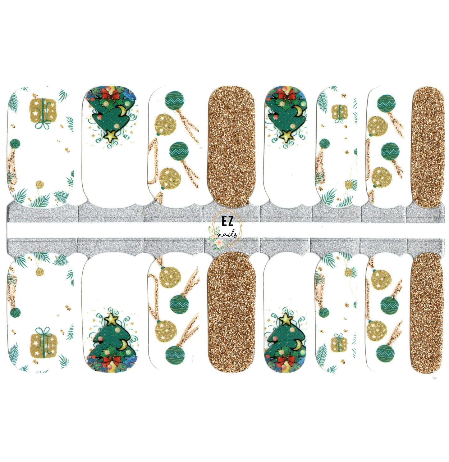 White Smoke White Green and Gold Glitter Christmas Tree and Ornaments