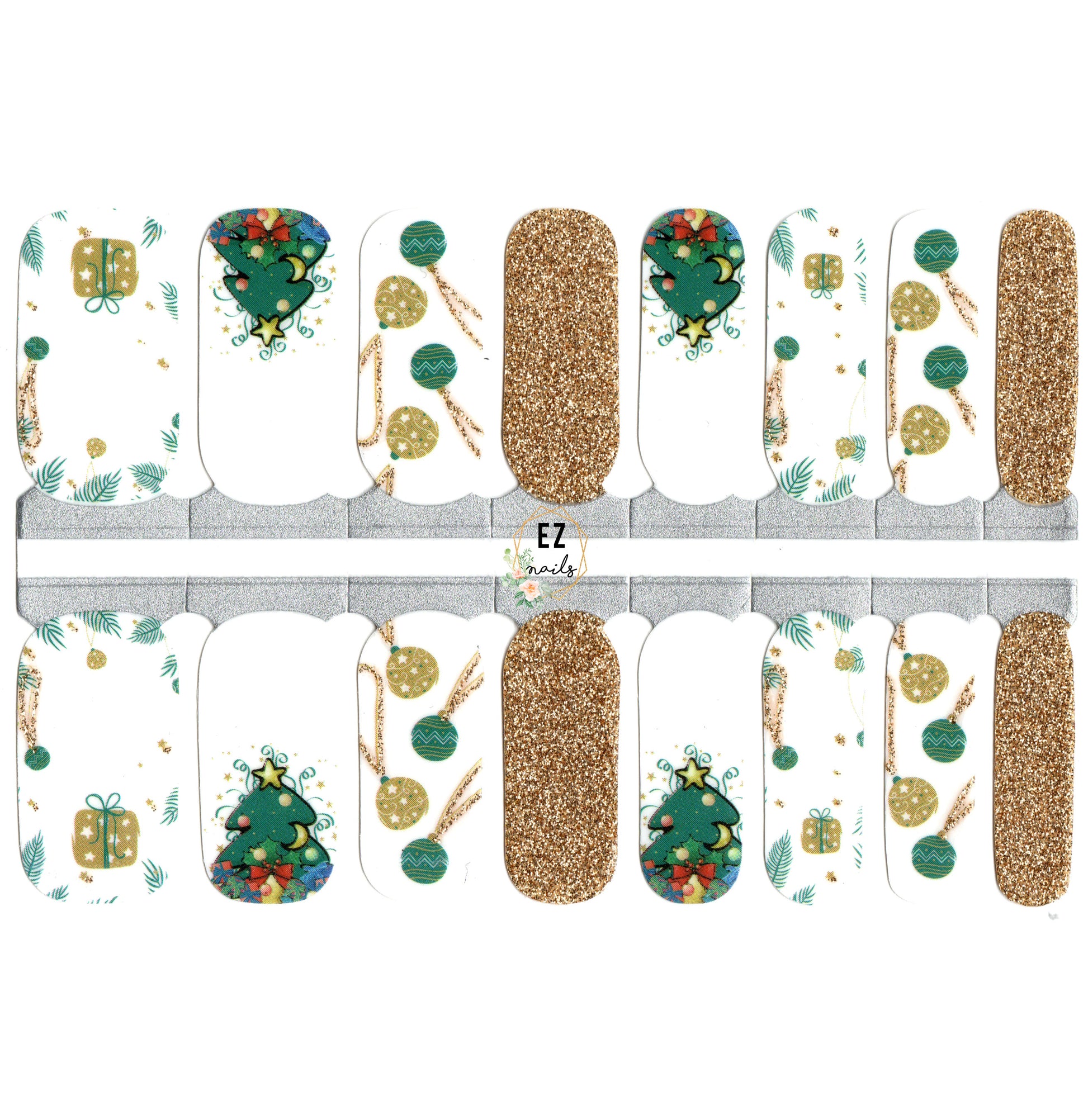White Smoke White Green and Gold Glitter Christmas Tree and Ornaments