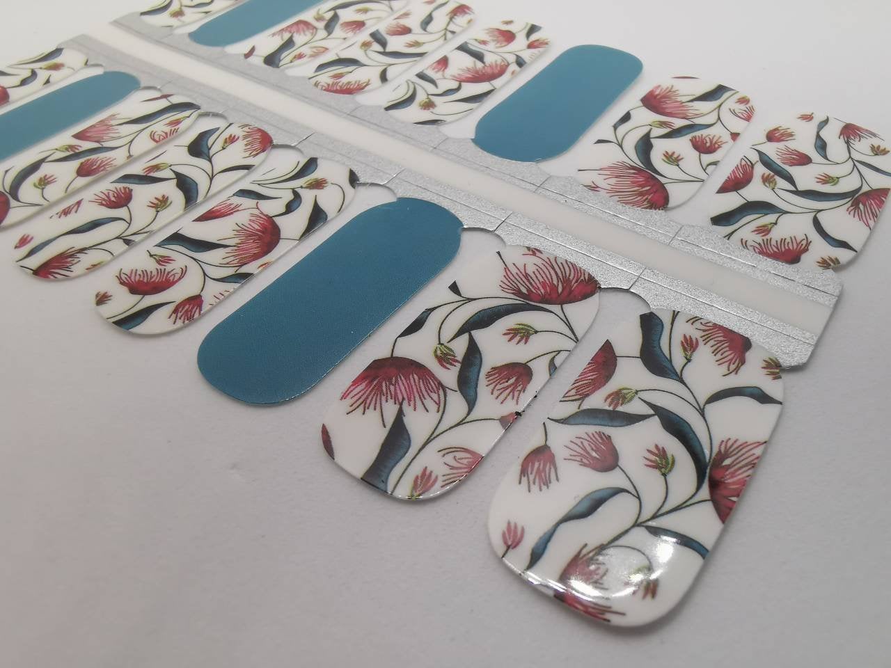 Dark Gray Teal Blue and Red Floral Pattern with White Background