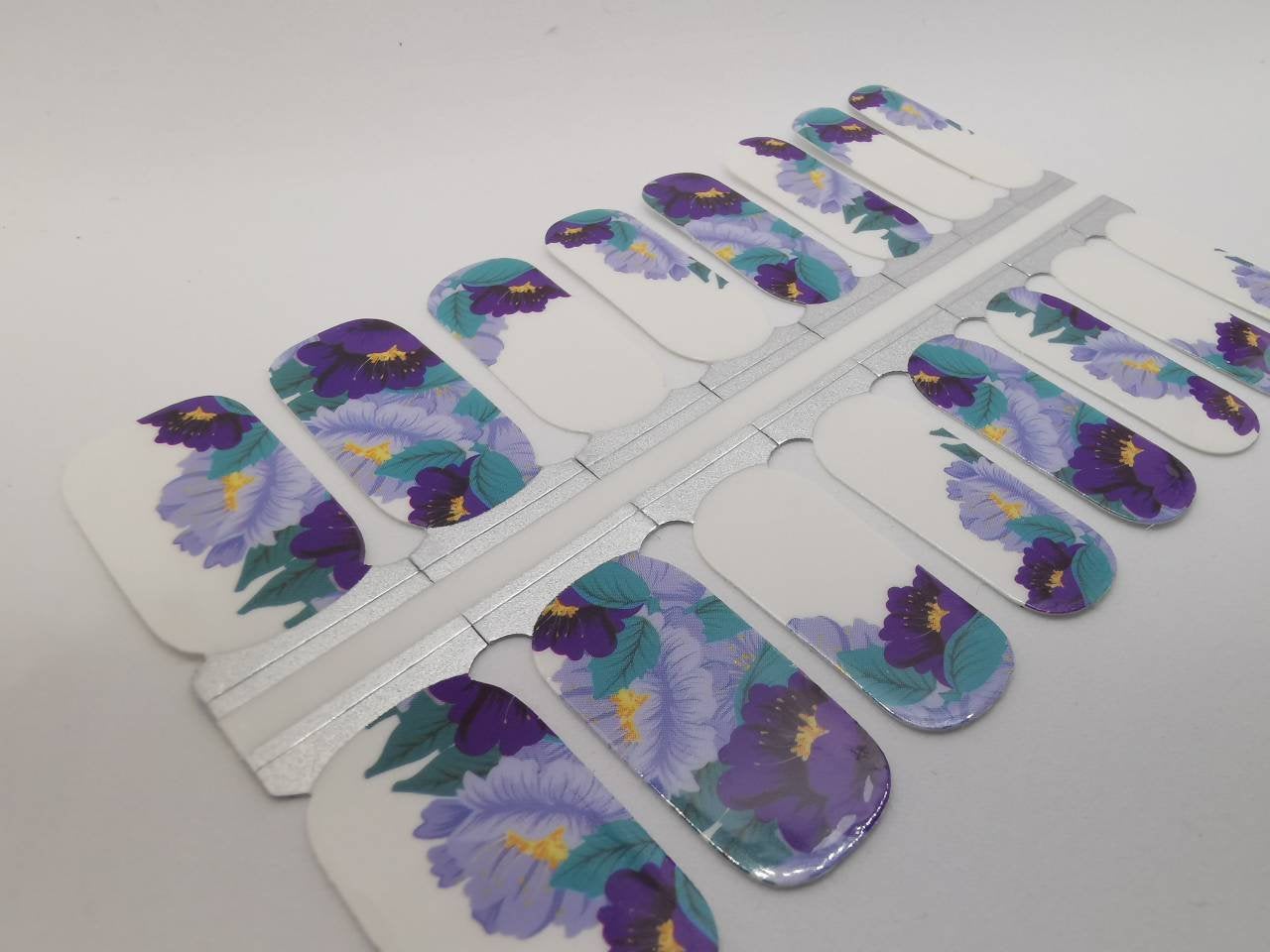 Gray White Background and Purple Flowers with Teal Leaves