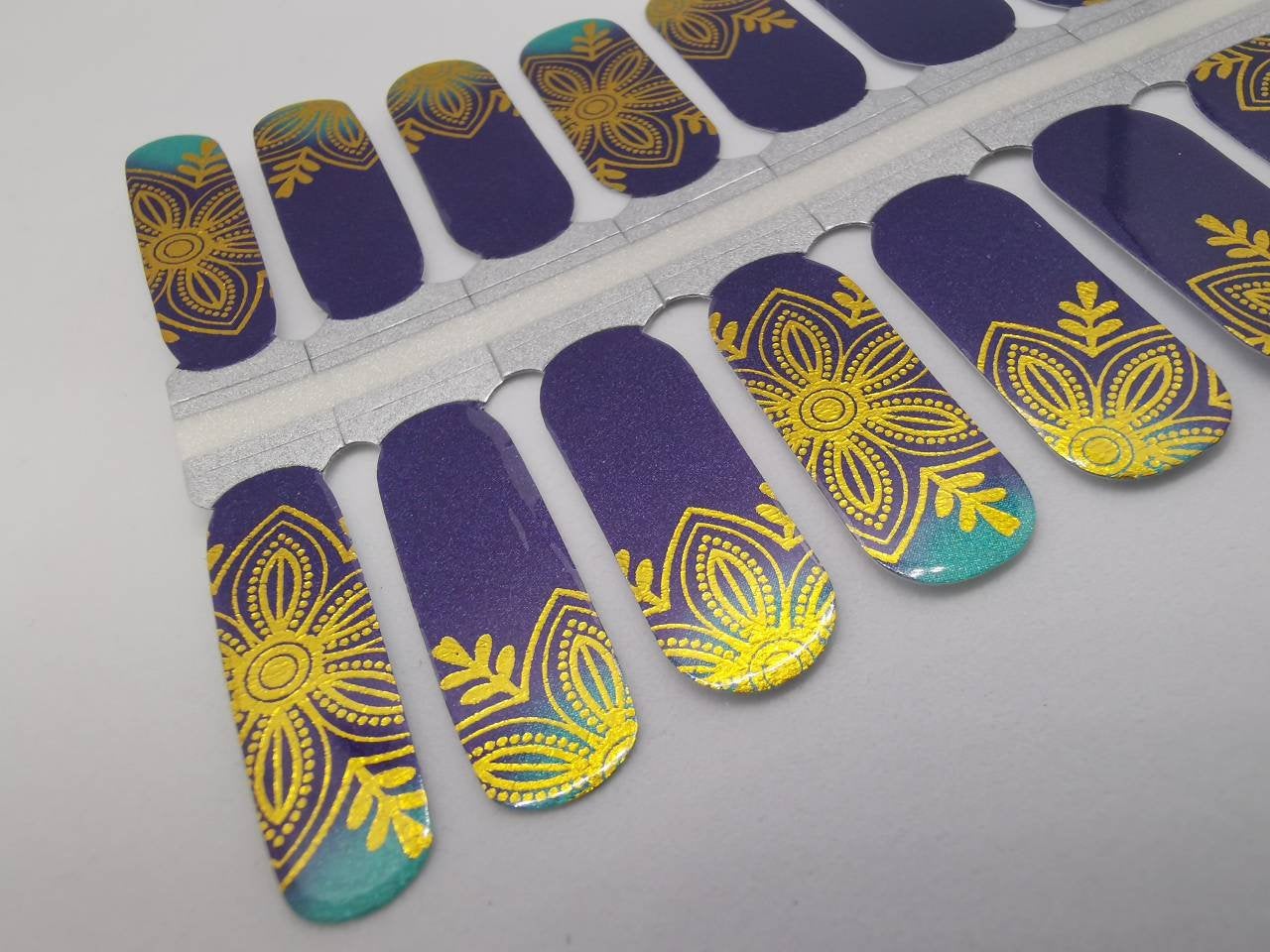Dark Gray Gold Metallic Foil Floral Pattern with Navy Blue and Robin Egg Blue Ombre Gradient