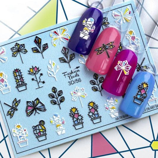 Light Blue 3D Embossed Abstract Modern Art Cactuses Fireflies Leaves Black and White Outlines