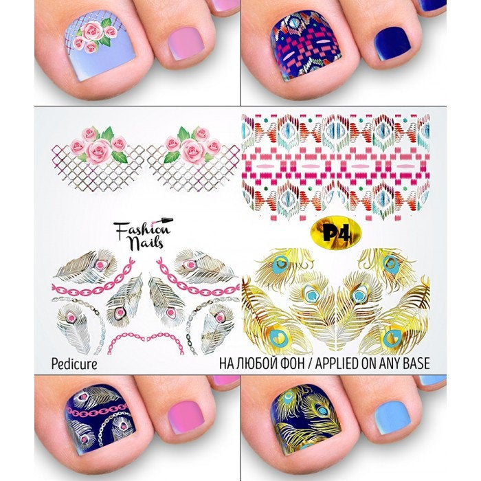 White Smoke Metallic Gold and Silver Feathers with Chains Pink Roses Abstract Art Toe Nail Pedicure Waterslide Nail Decals